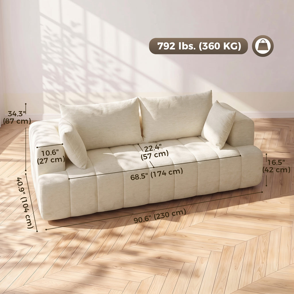 3 Seater Sofa, Chenille Boneless Cloud Couch with Thick Spring Cushion, Wide and Deep Seat, Wide Armrests, Beige