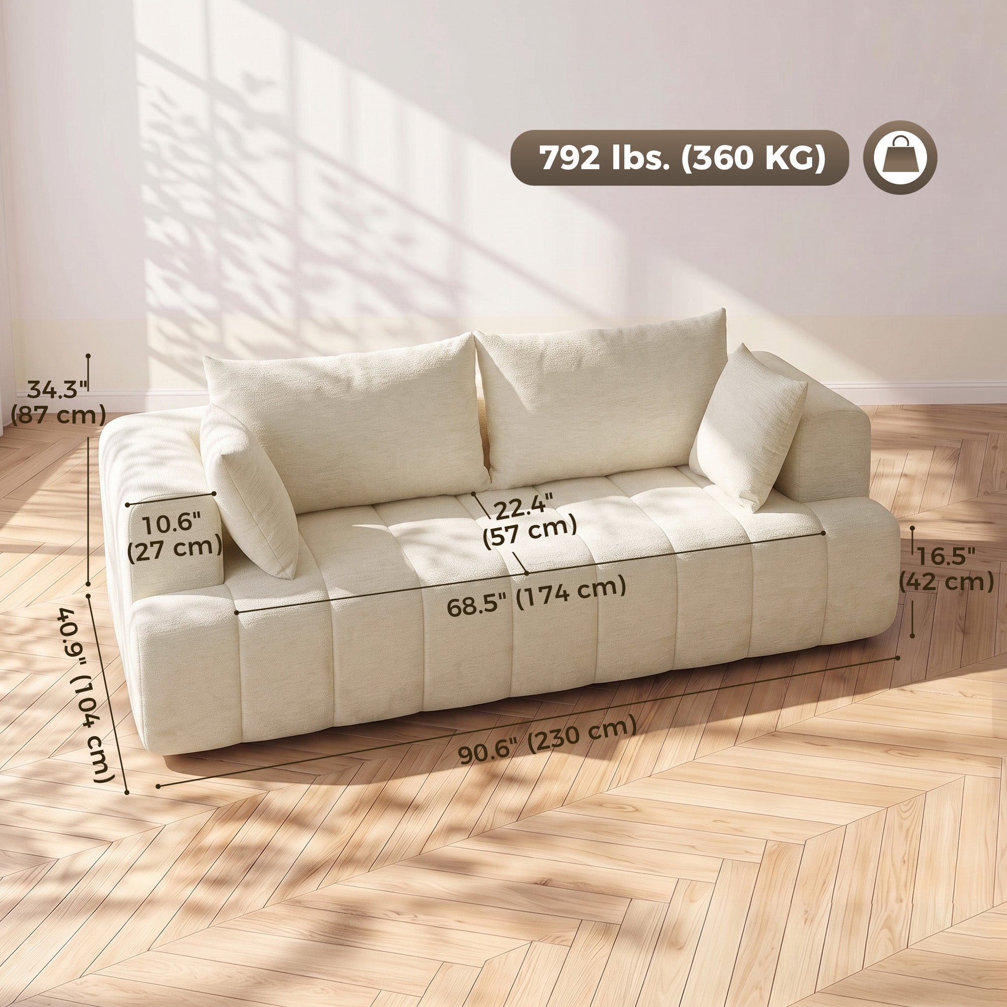 3 Seater Sofa, Chenille Boneless Cloud Couch with Thick Spring Cushion, Wide and Deep Seat, Wide Armrests, Beige
