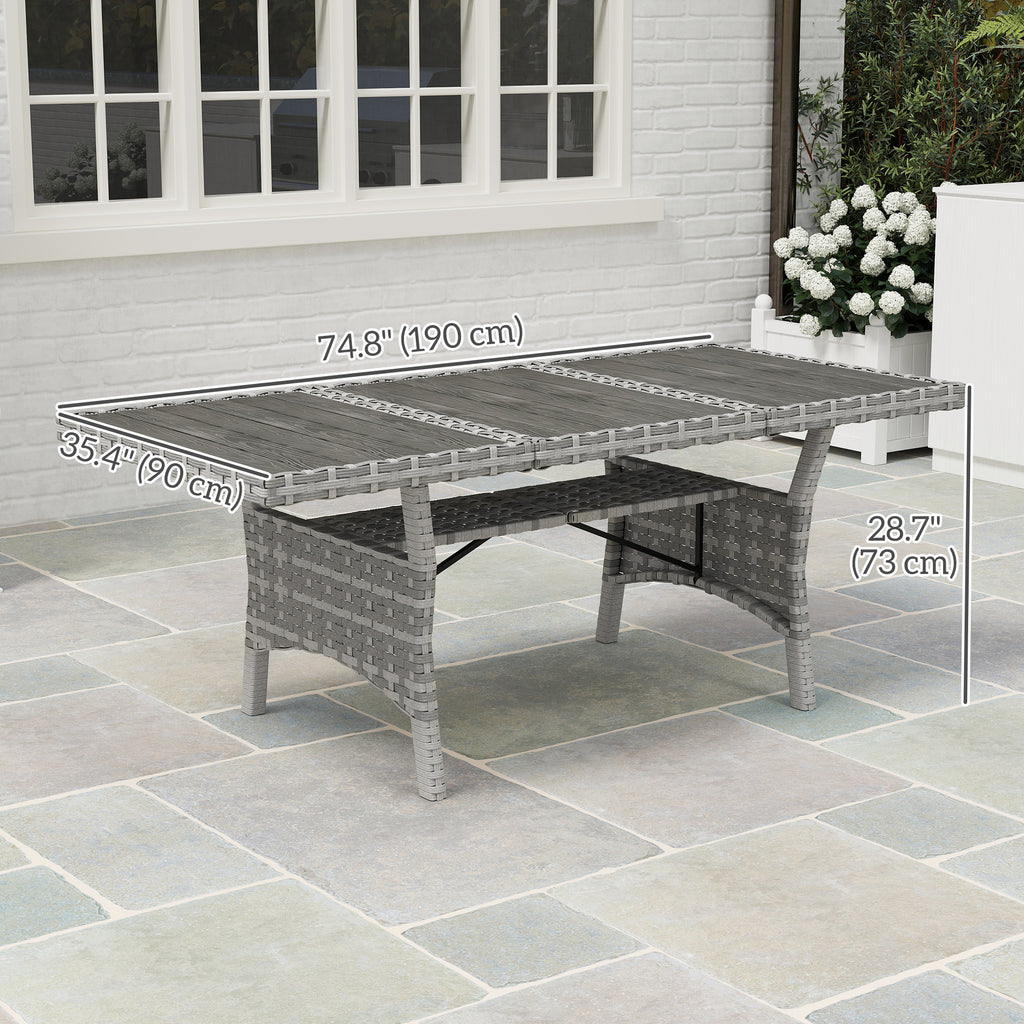 75" Outdoor Dining Table for 6-8, Wicker Patio Table with Storage Shelf and WPC Slatted Top for Balcony, Grey