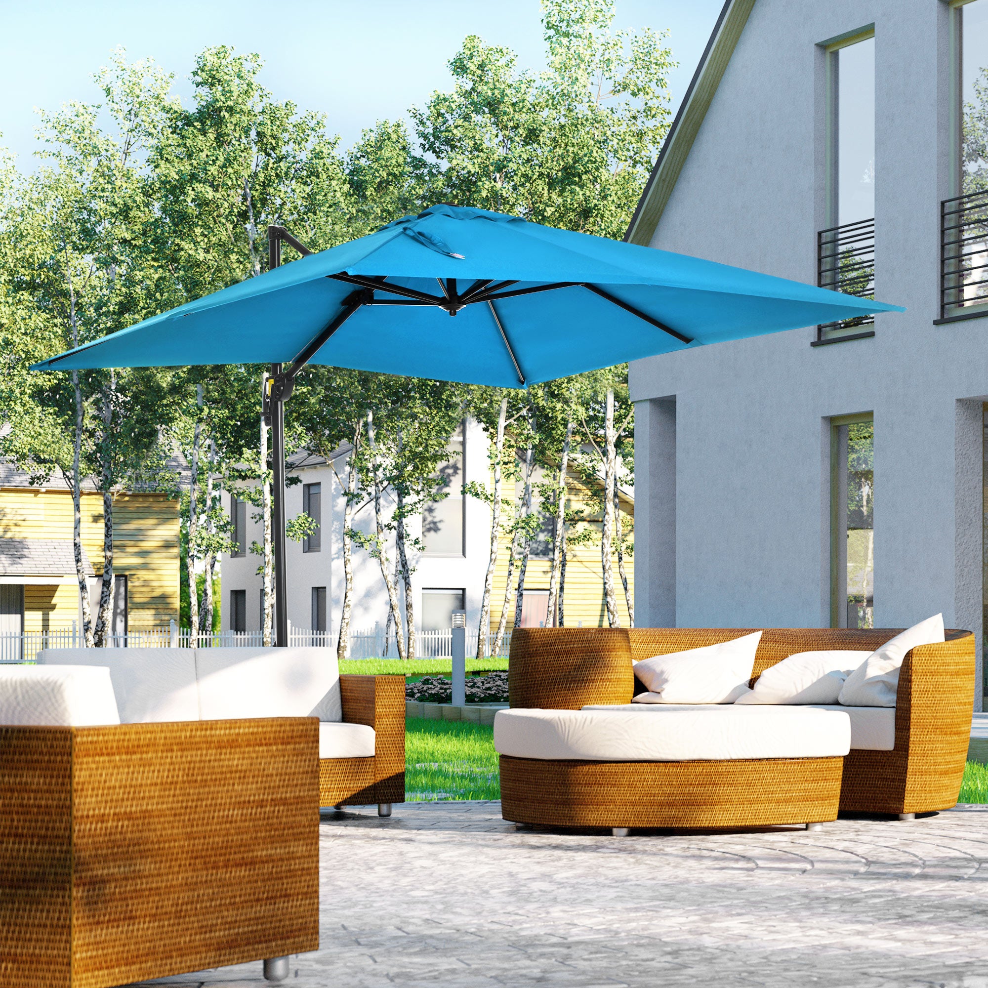 8' x 8' Square Patio Hanging Offset Umbrella with 360Â° Rotation, Aluminum Outdoor Cantilever Market Parasol, Turquoise