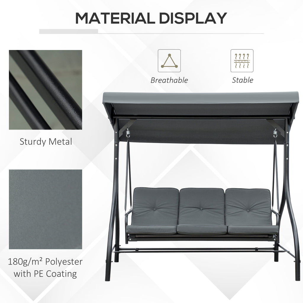 Convertible Patio Swing Bed with Canopy and Cushions, 3 Seater Porch Swing for Outdoor, Backyard, Garden, Dark Grey
