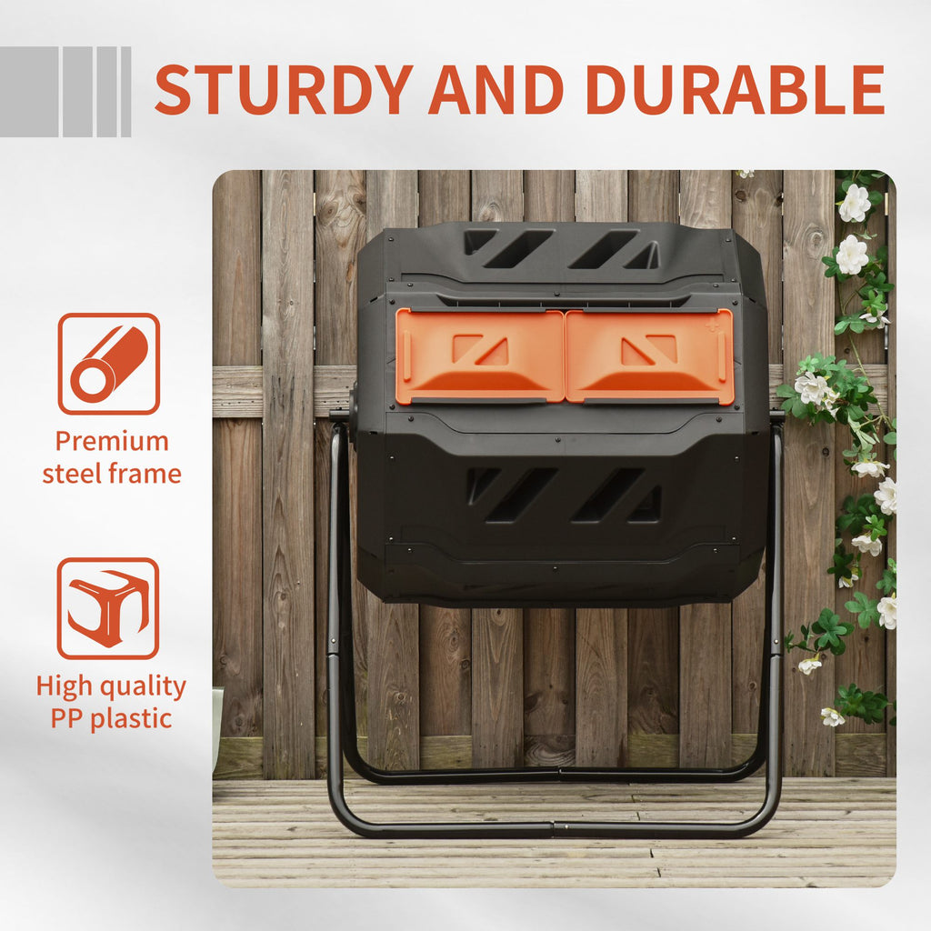 Tumbling Compost Bin Outdoor Dual Chamber 360Â° Rotating Composter 43 Gallon with Sliding Doors, Orange