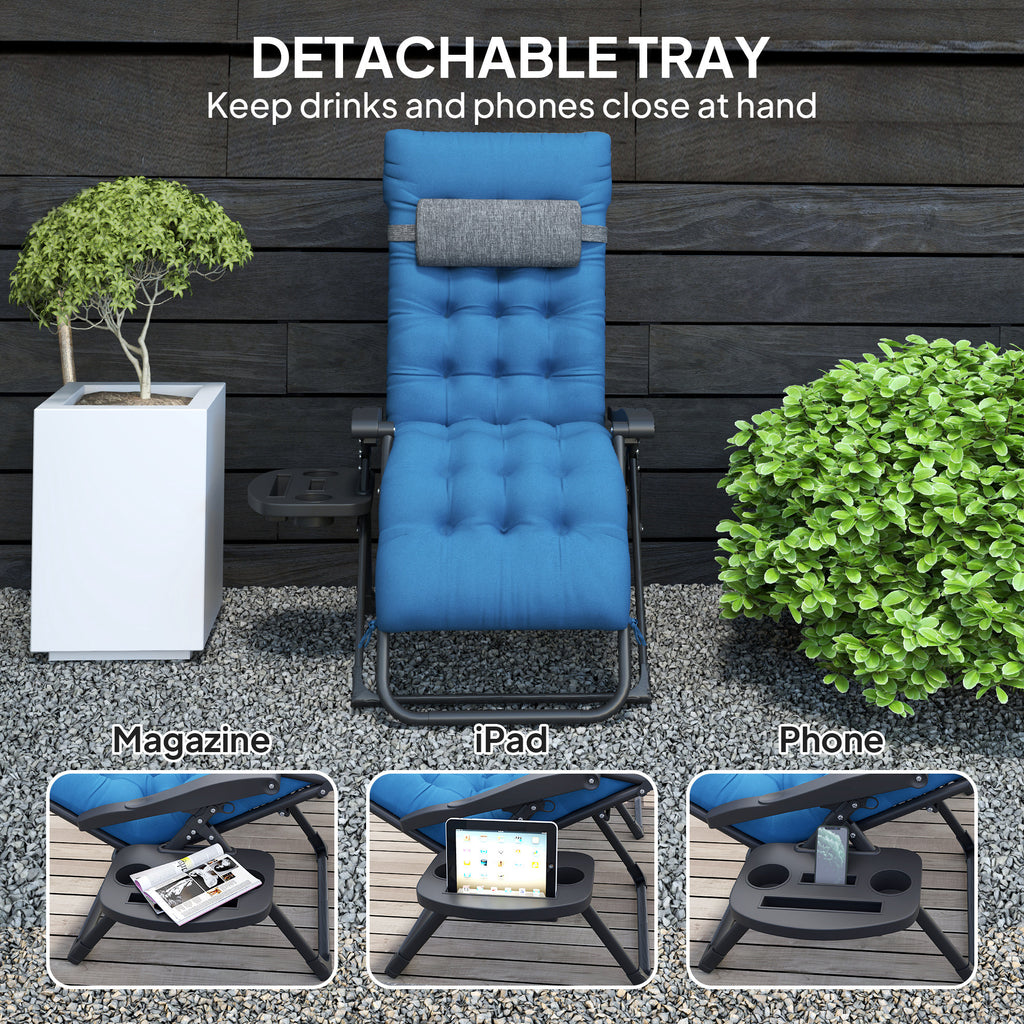 Padded Folding Recliner Chair, Patio Lounger with Cupholder, Adjustable Backrest, Removable Cushion, Navy Blue