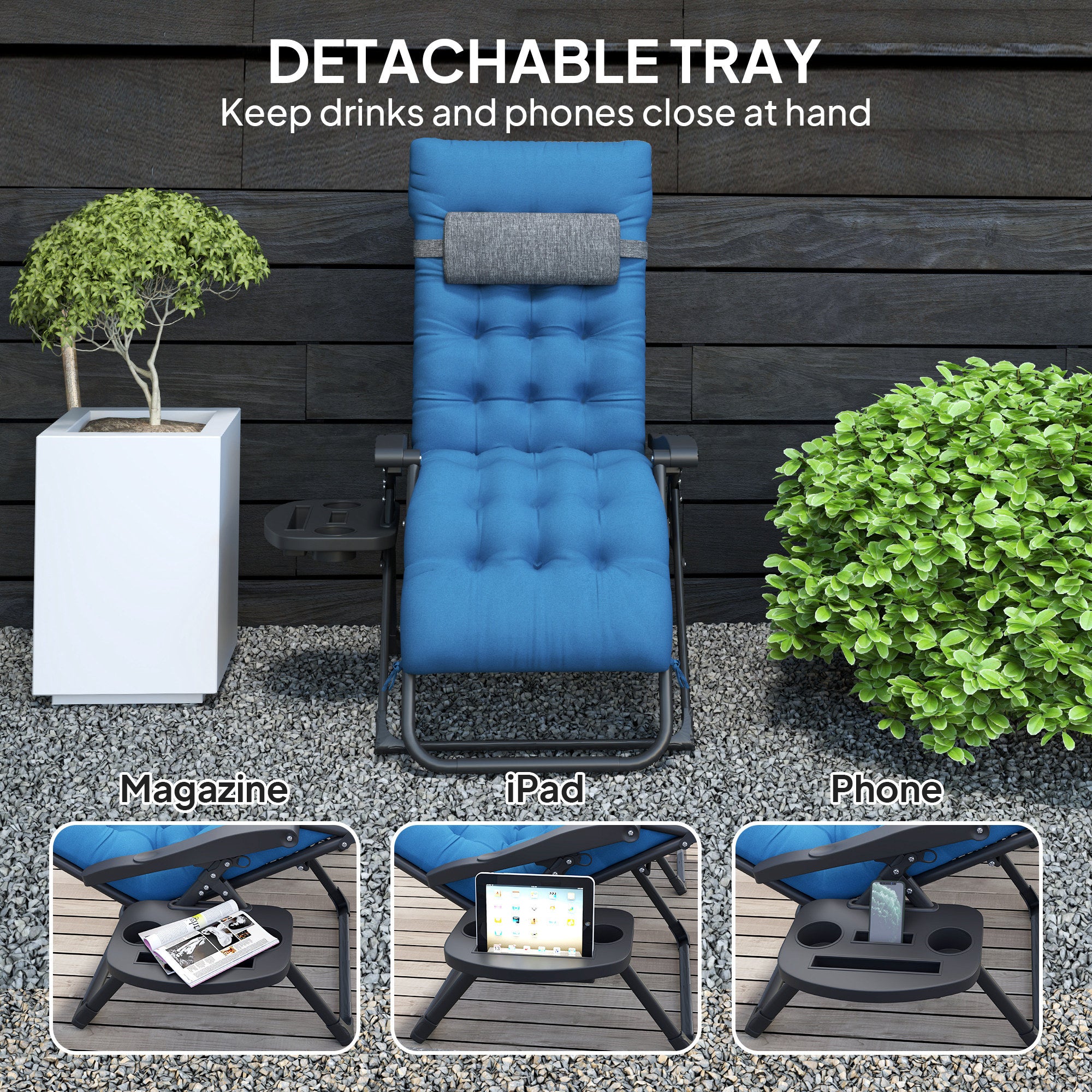 Padded Folding Recliner Chair, Patio Lounger with Cupholder, Adjustable Backrest, Removable Cushion, Navy Blue