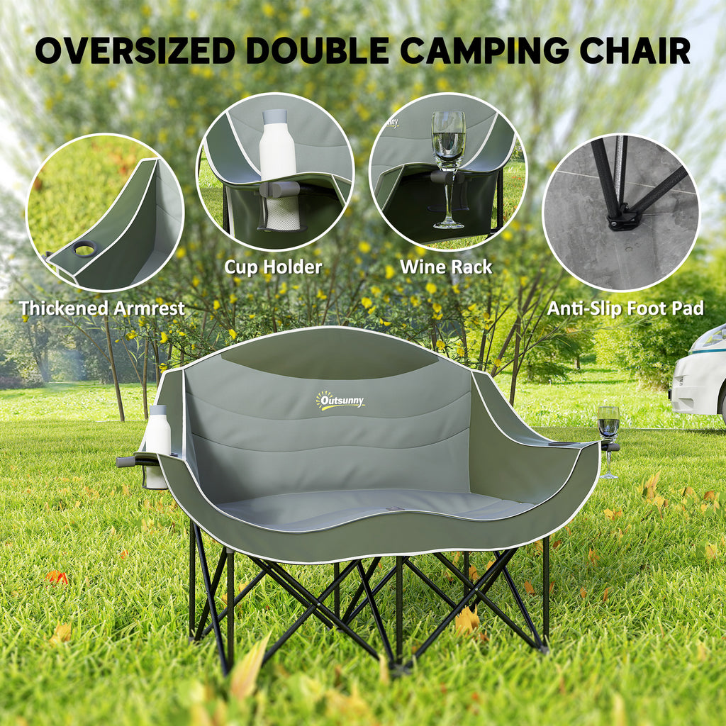Portable Camp Chair, Double Camping Chair with Cup Holders and Carry Bag, Support 551 lbs, Dark Green