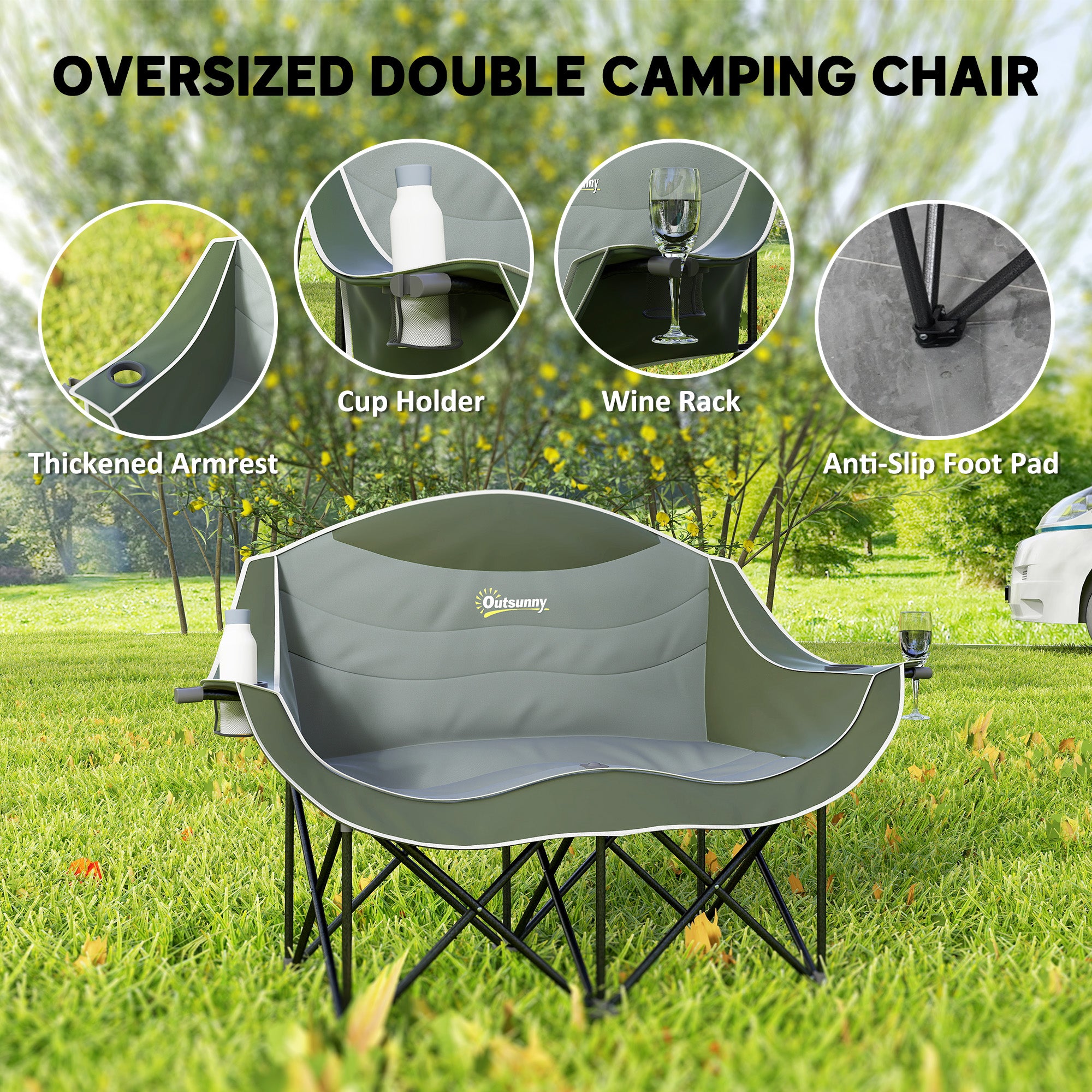 Portable Camp Chair, Double Camping Chair with Cup Holders and Carry Bag, Support 551 lbs, Dark Green