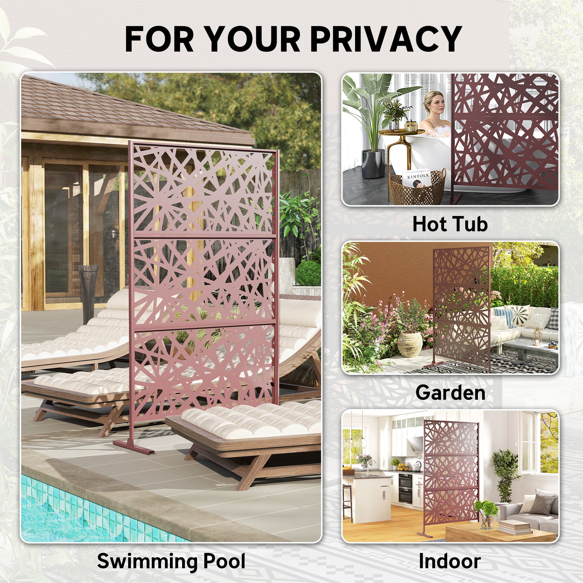 Metal Outdoor Privacy Screen, Freestanding Outdoor Divider with Stand, 78" x 48", Dark Brown