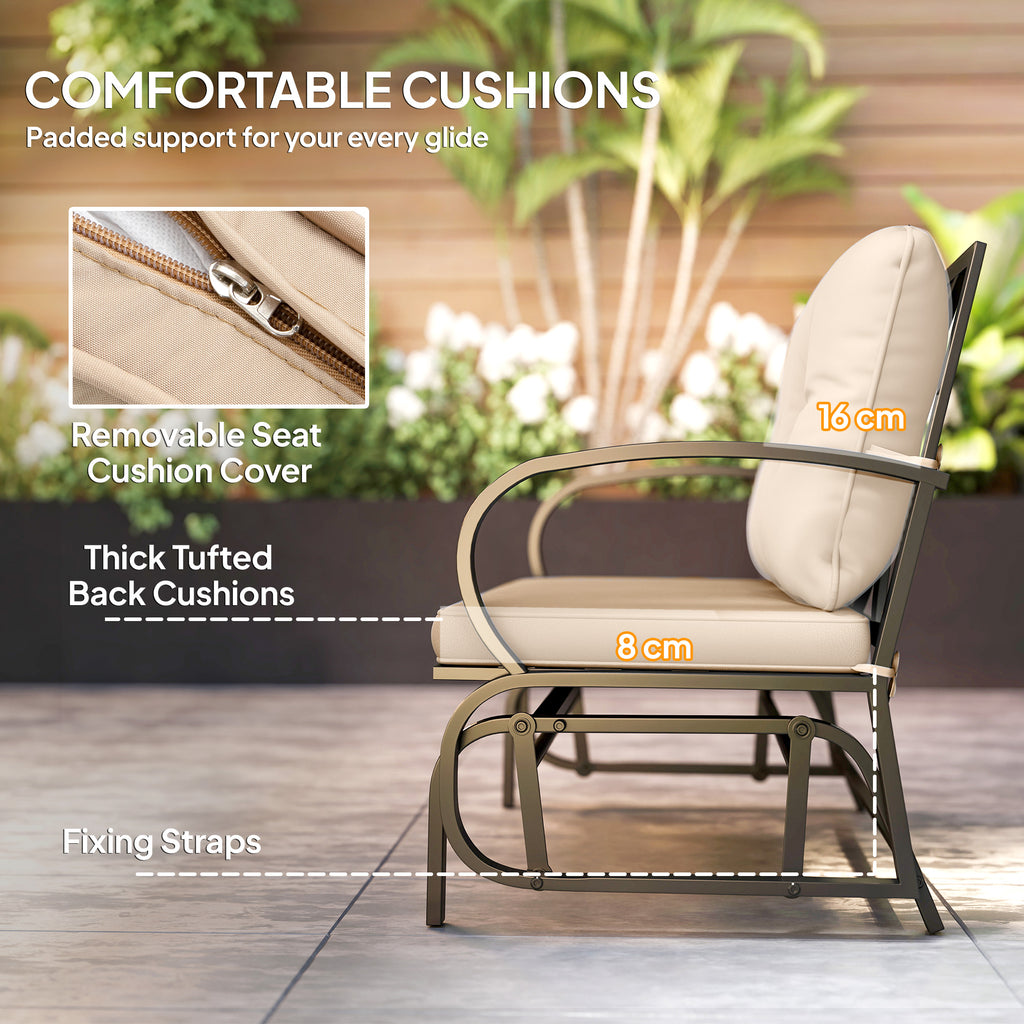 2-Person Outdoor Glider Chair, Patio Double Rocking Loveseat with Steel Frame and Cushions for Backyard, Garden and Porch, Khaki