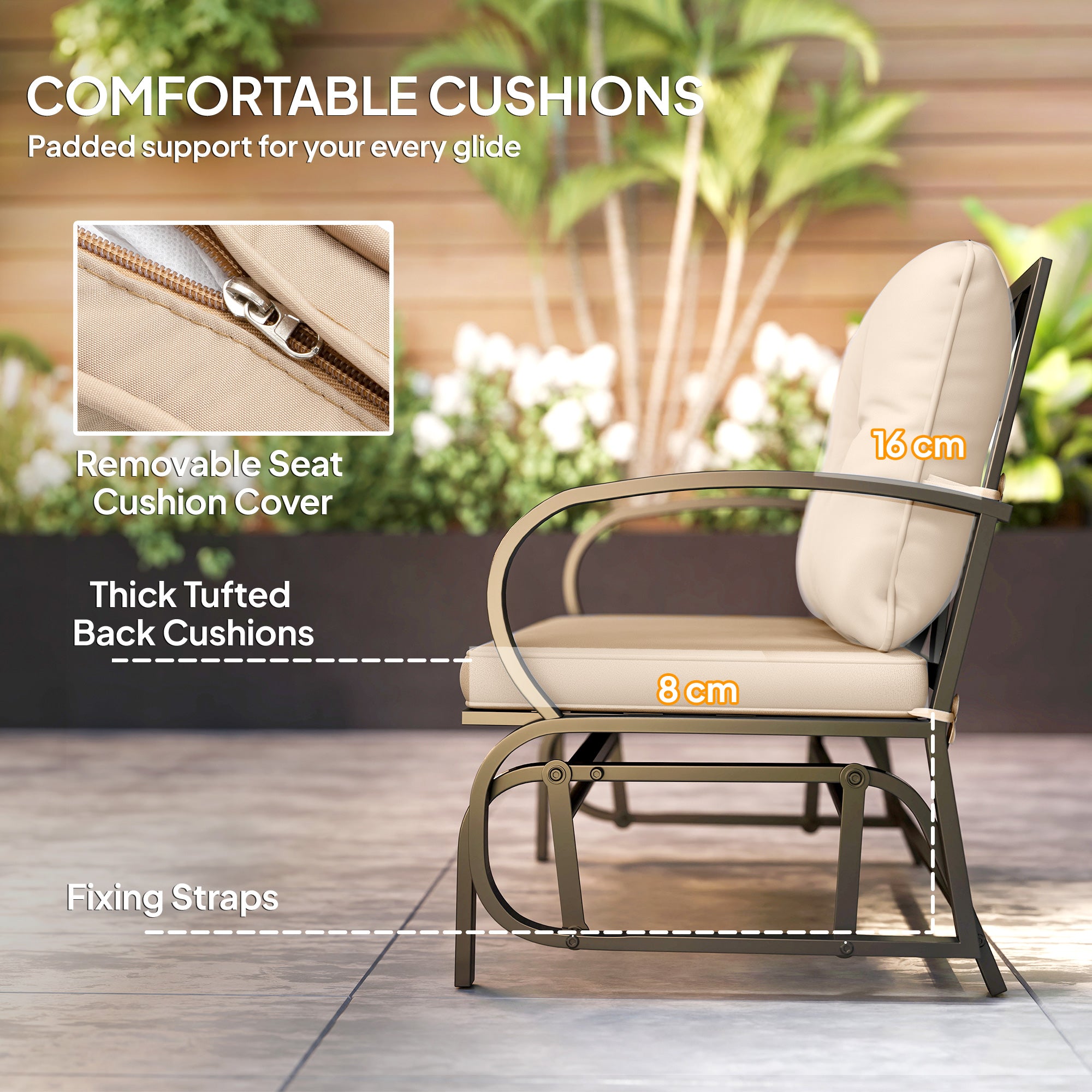 2-Person Outdoor Glider Chair, Patio Double Rocking Loveseat with Steel Frame and Cushions for Backyard, Garden and Porch, Khaki