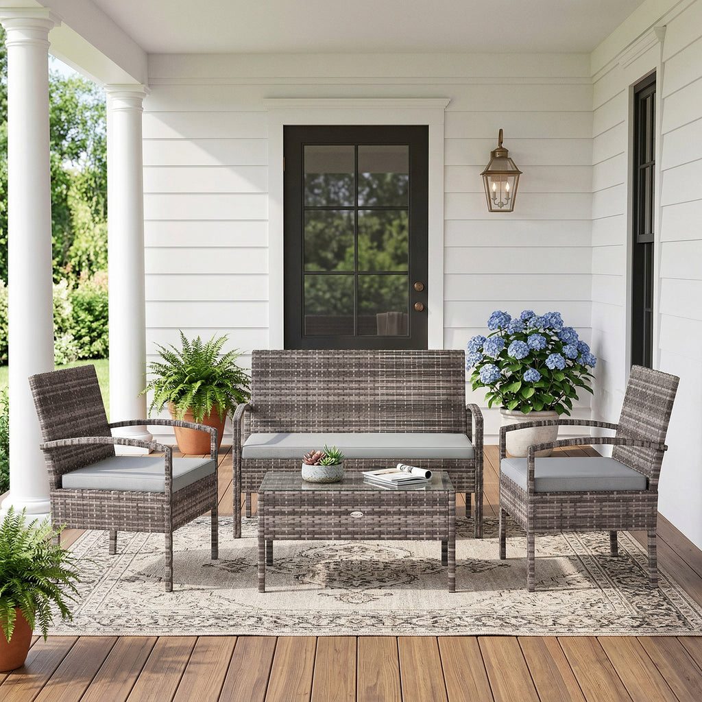 4 Pieces Patio Furniture Set with A Loveseat, Two Armchairs and A Coffee Table, Outdoor Conversation Set, Light Grey