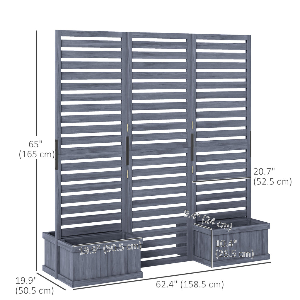 Outdoor Privacy Screen Wood Privacy Panel with 4 Planter Boxes, Raised Bed with 3 Panels, Drainage Holes, Grey