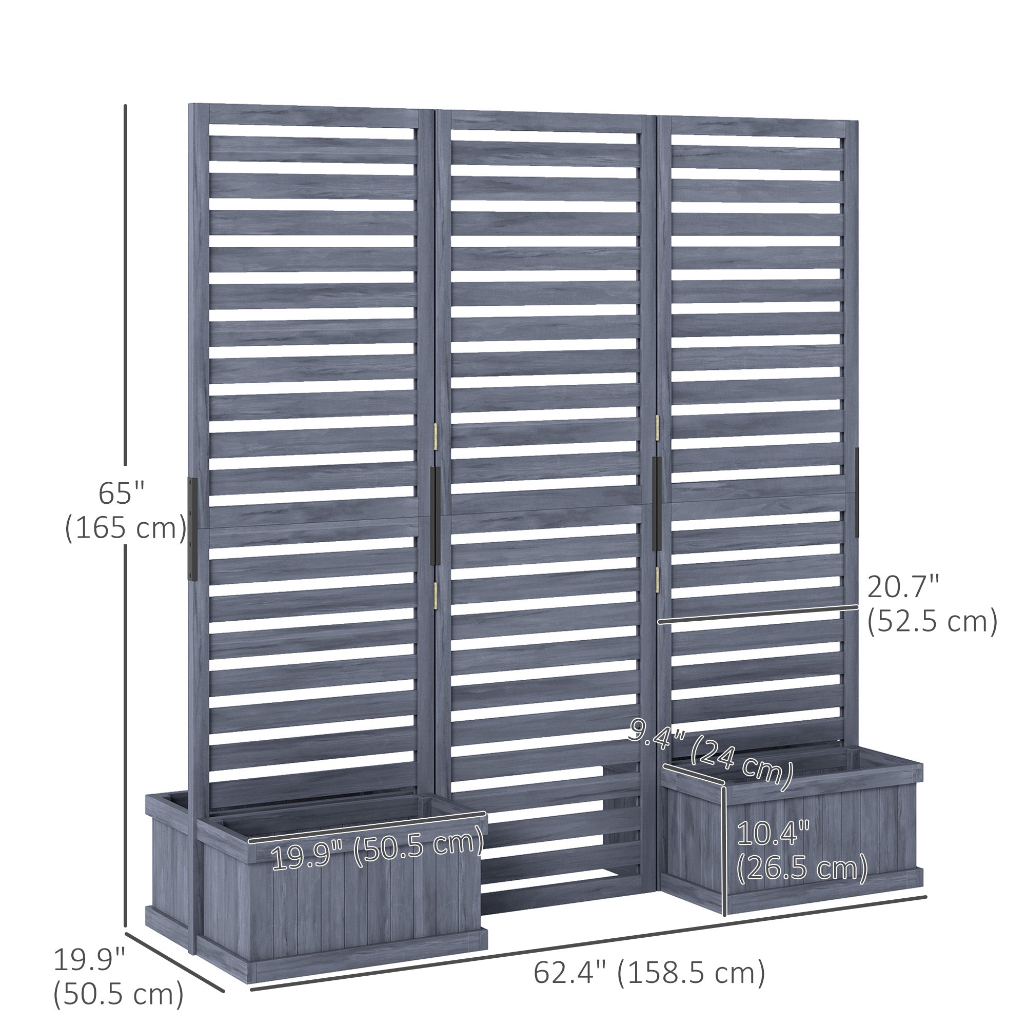 Outdoor Privacy Screen Wood Privacy Panel with 4 Planter Boxes, Raised Bed with 3 Panels, Drainage Holes, Grey