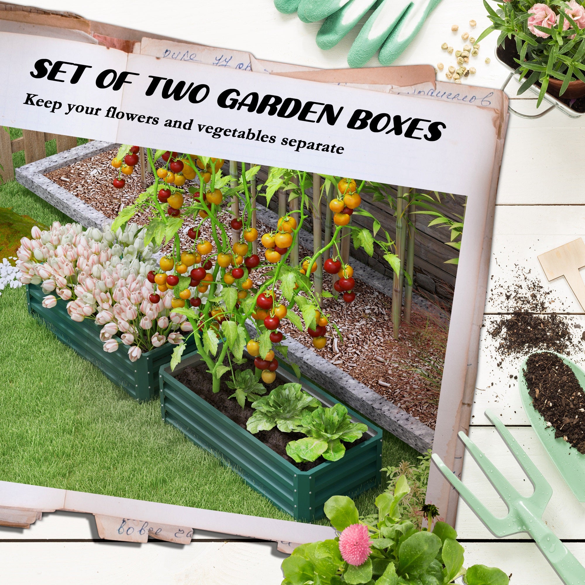 Galvanized Raised Garden Beds, Outdoor Planter Box, Set of 2, for Flowers, Herbs and Vegetables, Green