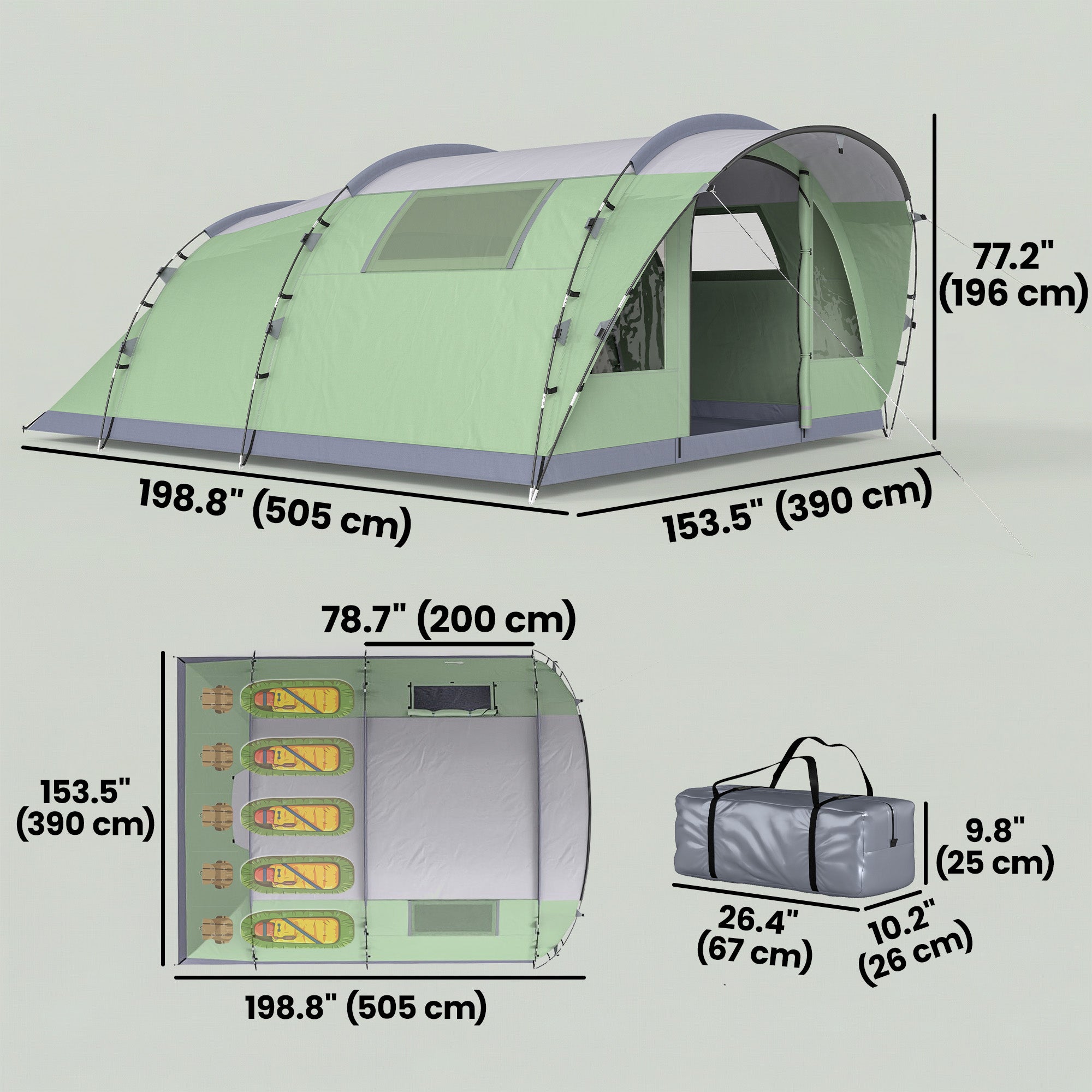 Multi-Room Camping Tent for 5 Person, Easy Set up Large Family Tent with 4 Windows, Porch, Light Green