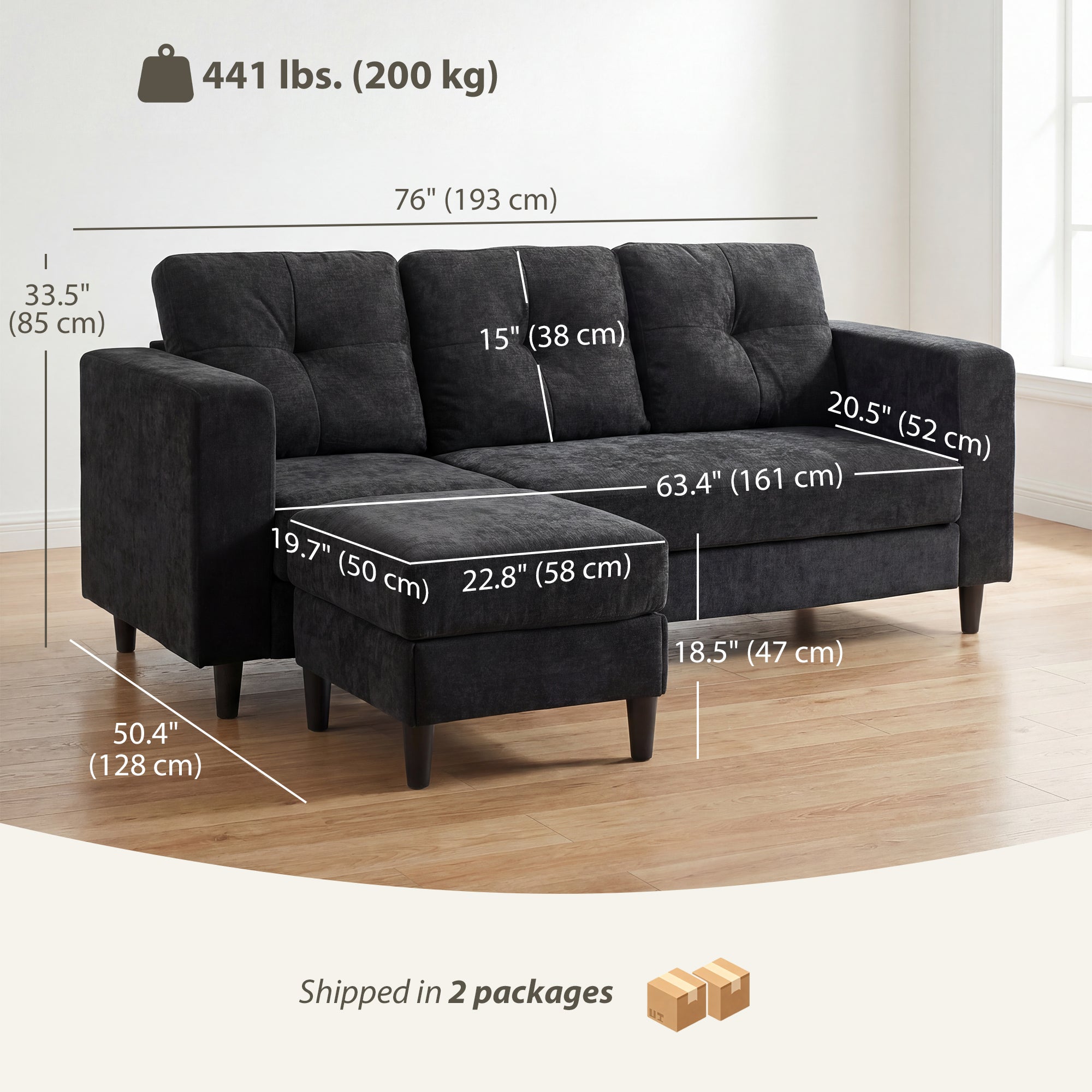 Sectional Sofa, L Shaped Couch with Changeable Chaise, Wooden Legs, Black