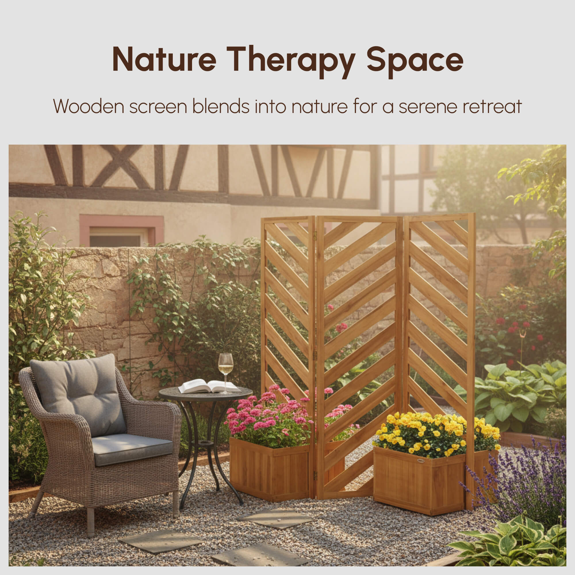 Backyard Privacy Screen - Folding 65" with Planters for Patio, Deck, and Backyard, Brown
