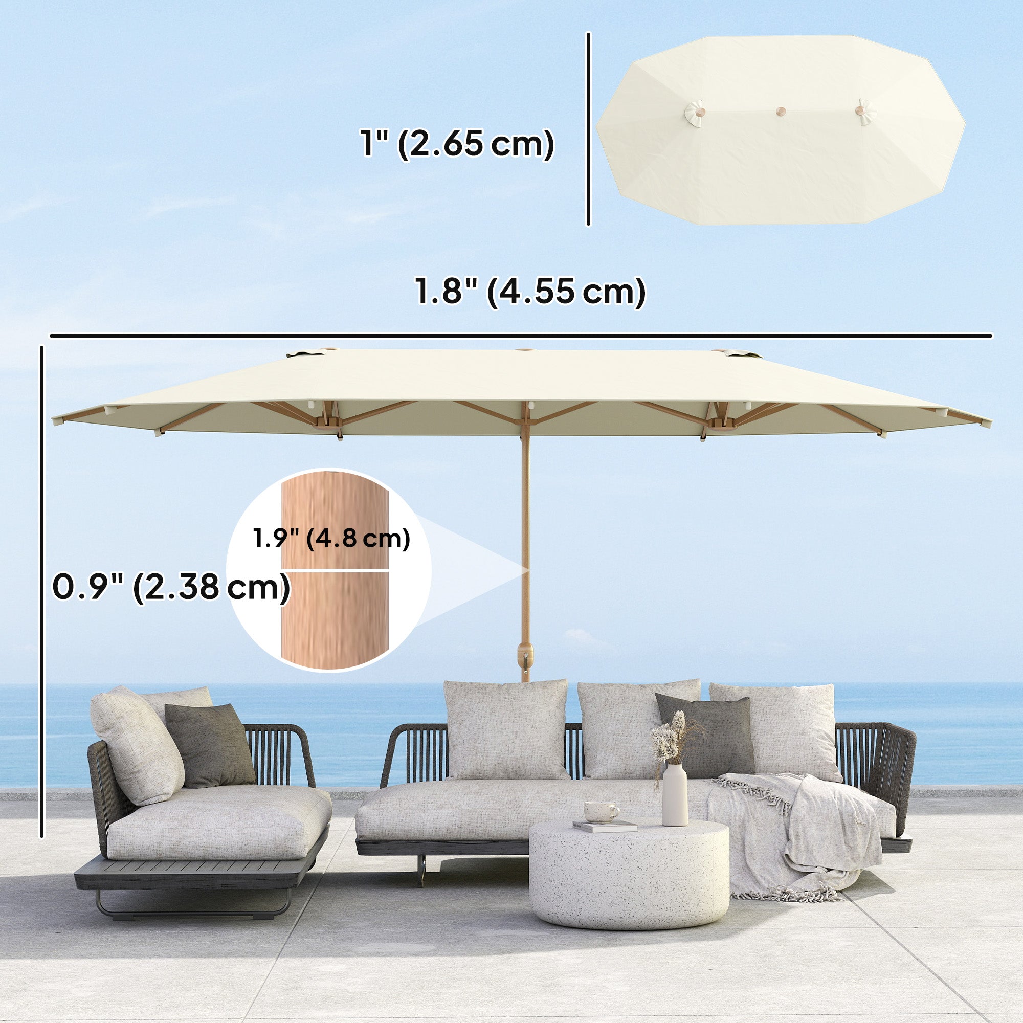 Double Garden Parasol 179.1"W x 104.3"D with Crank, 12 Steel Ribs & 180g/ãŽ¡ Polyester, UV30+ Protection, Beige