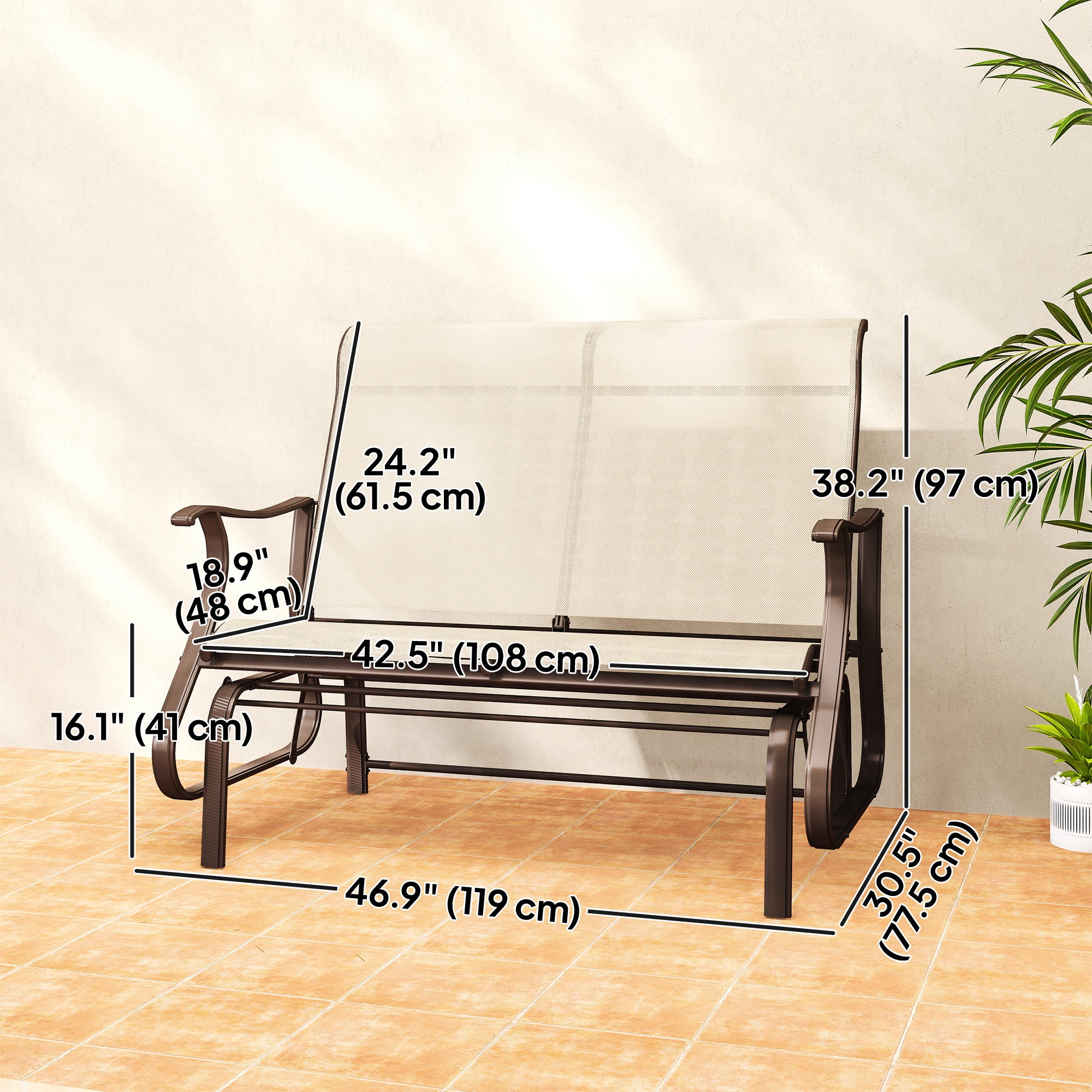 2-Person Outdoor Glider Chair, Patio Glider Rocking Chair with Mesh Seat and Backrest, Steel Frame for Outdoor, Backyard, Khaki