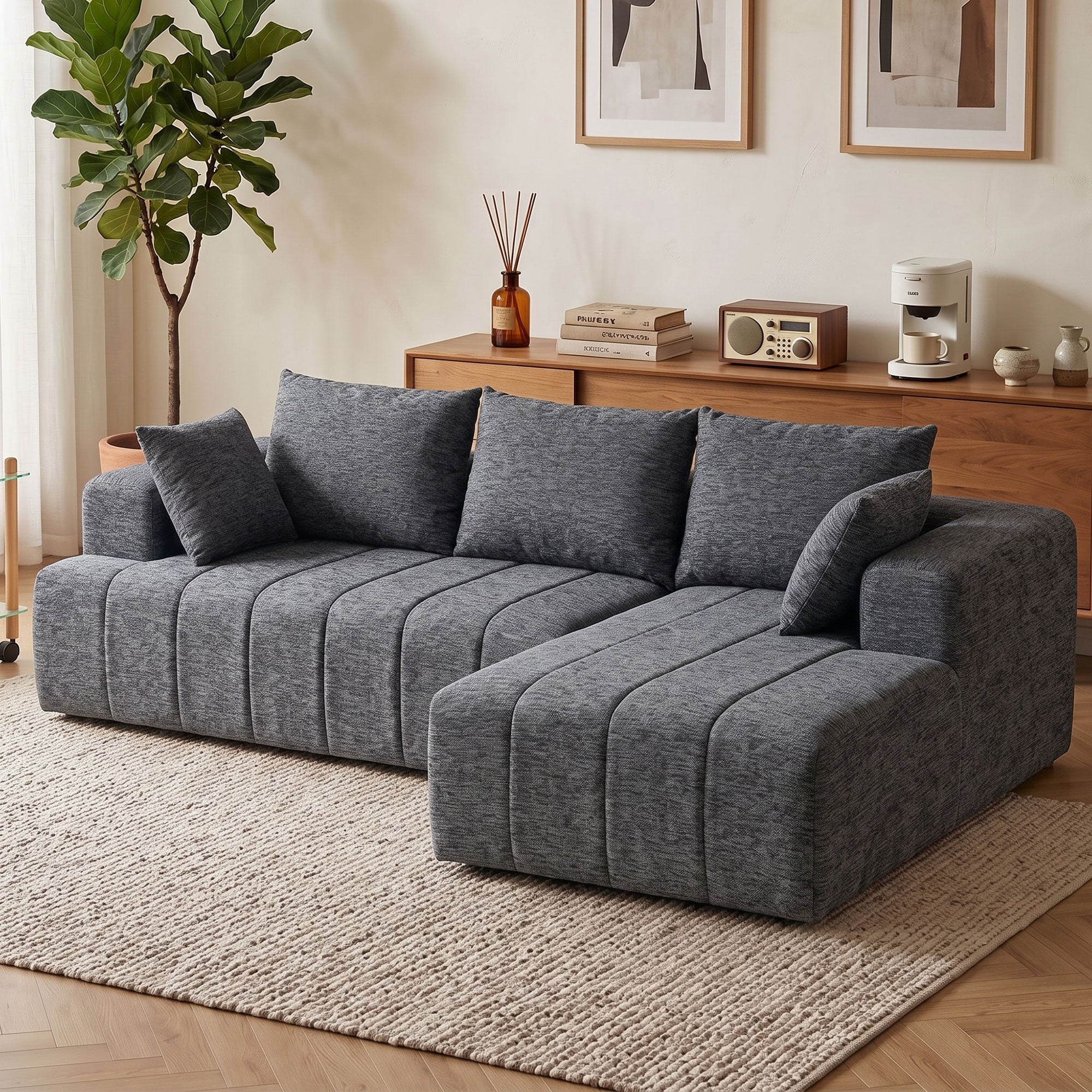101" Modular Sectional Sofa with Chaise, Chenille Boneless Cloud Sofa Bed, 3 Seater L-Shaped Couch, No Assembly, Grey