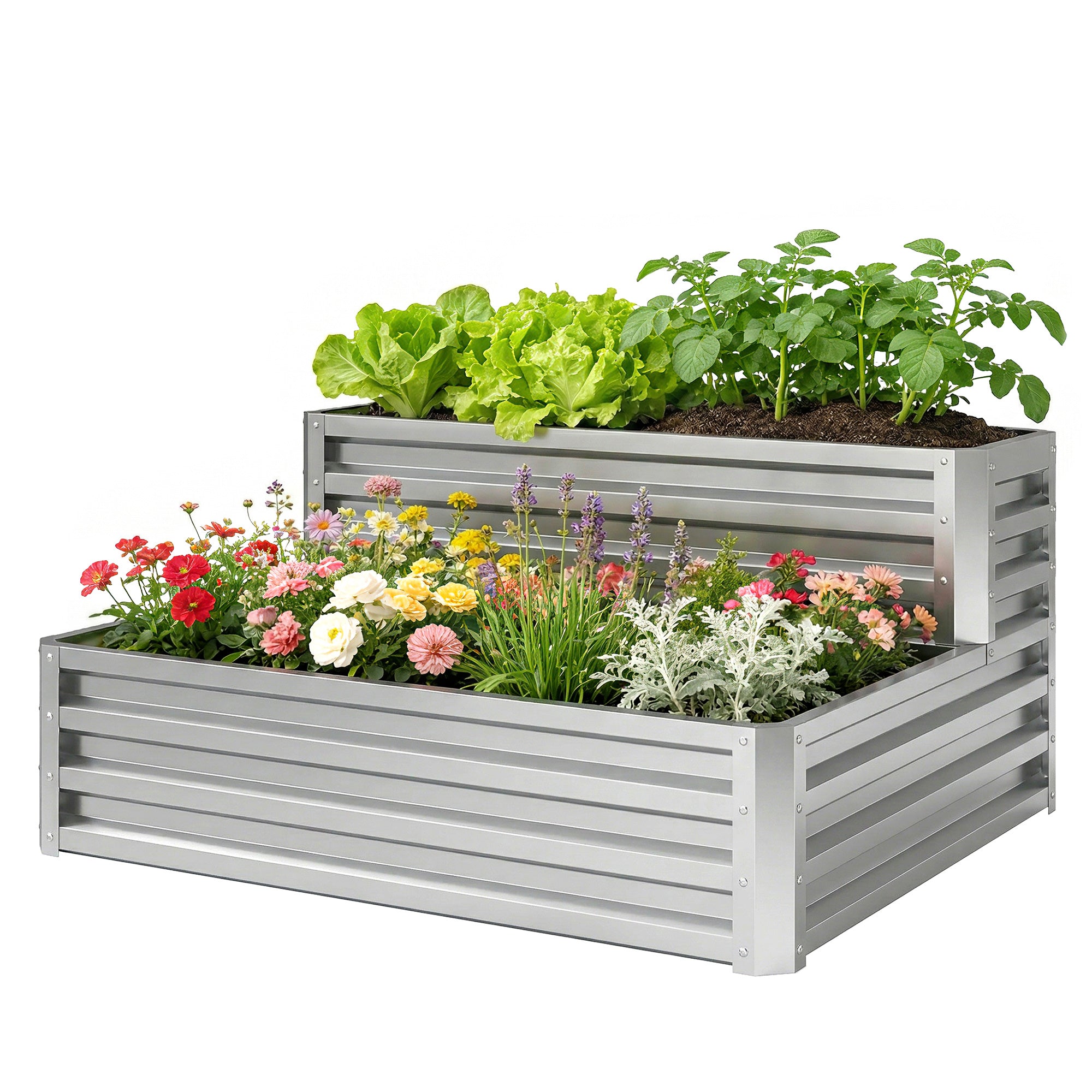 2 Tier Galvanized Raised Garden Bed, Steel Planter Box for Vegetables, Flowers, Herbs, 47" x 40" x 23", Silver