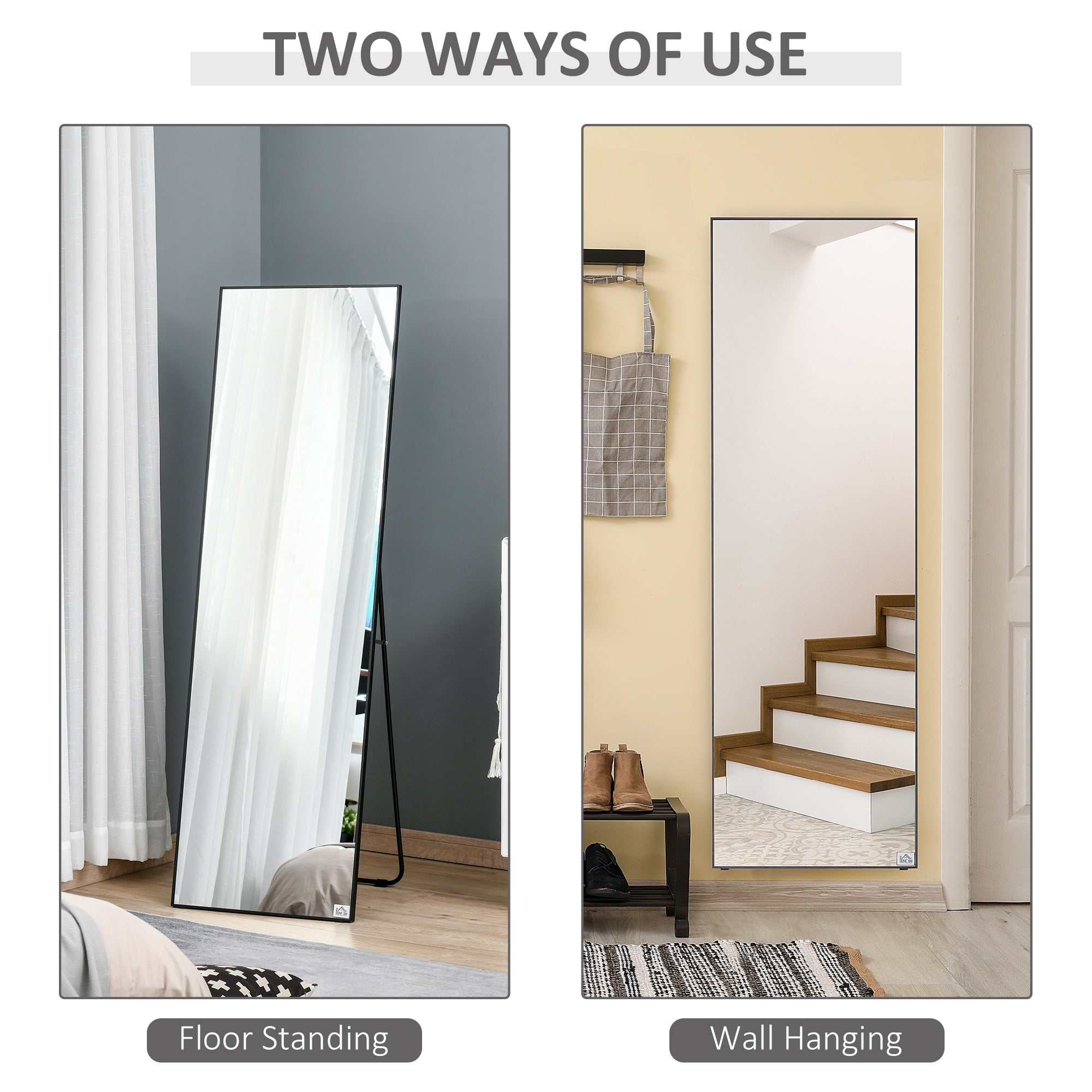 64"x20" Full Length Mirror, Floor Standing, Wall-Mounted or Leaning Against Wall Tall Mirror w/Support Frame, Rectangular Full Body Mirror for Bedroom, Living Room, Black