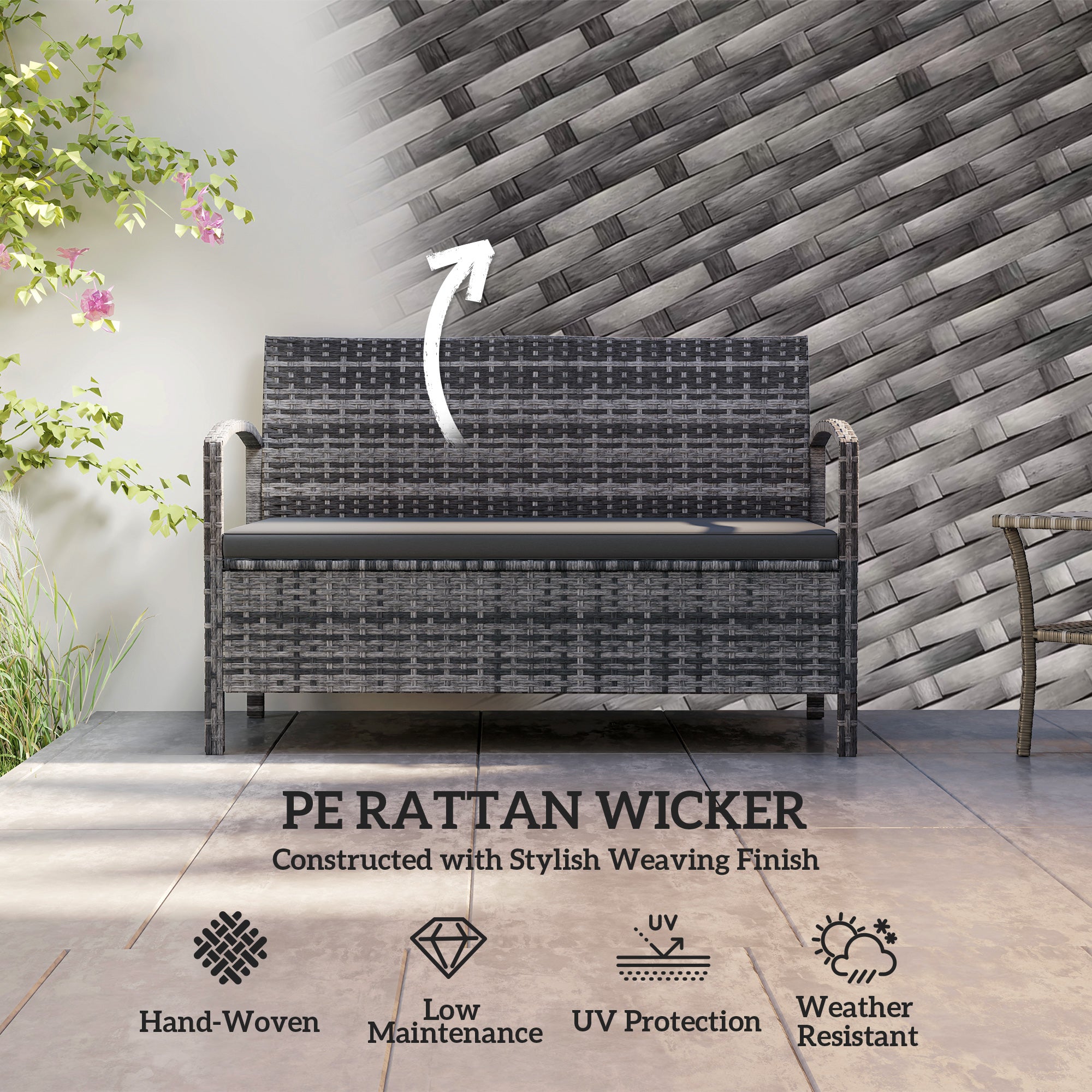 33 Gallon Outdoor Storage Bench, Wicker Deck Box Patio Bench Seat with Cushion, Grey