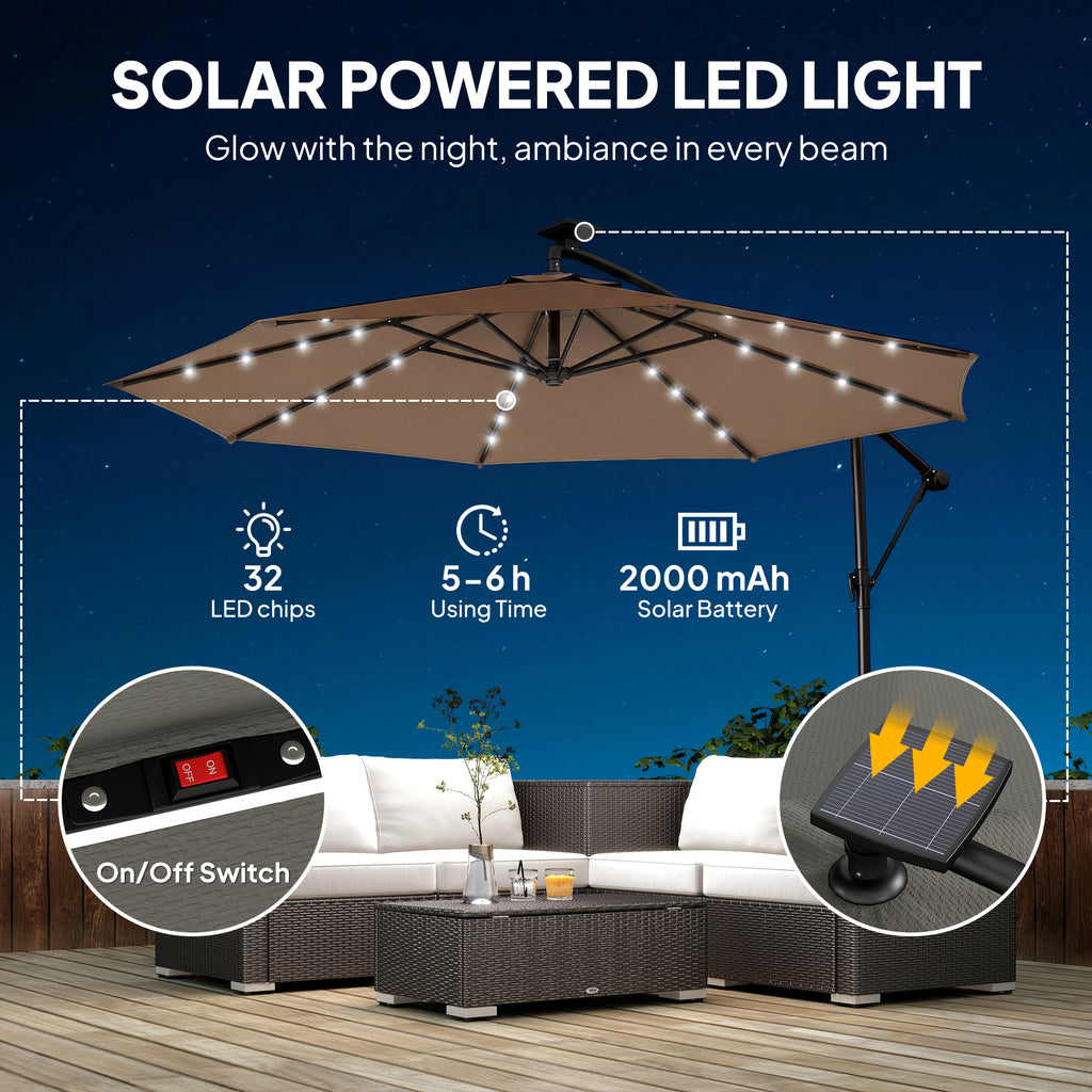 9.7 ft Cantilever Patio Umbrella with Solar Light, Garden Hanging Parasol with Cover, Tilt, Crank, Khaki