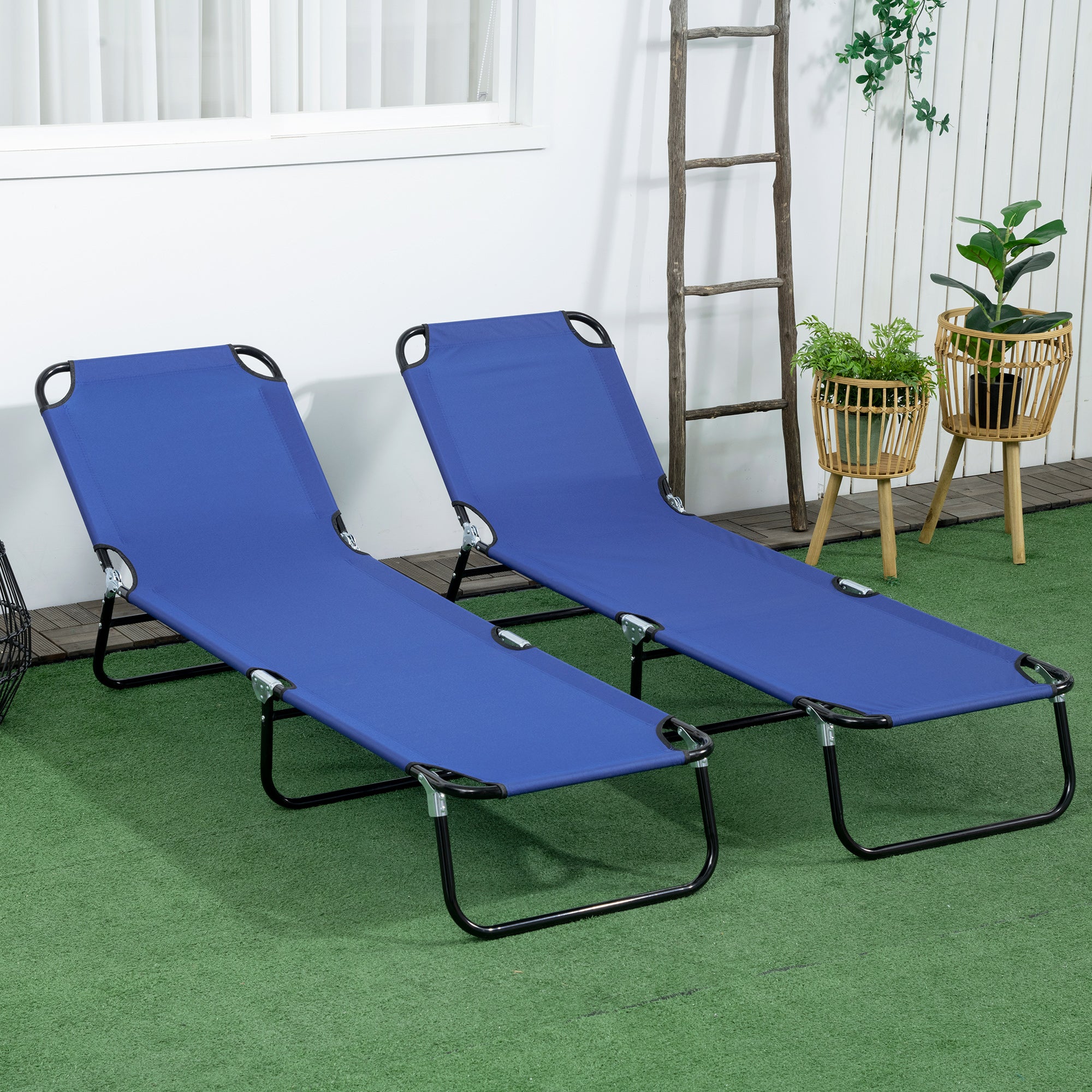 Set of 2 Folding Outdoor Lounge Chair, Sun Tanning Chairs with Reclining Back, Breathable Mesh for Beach Patio, Blue