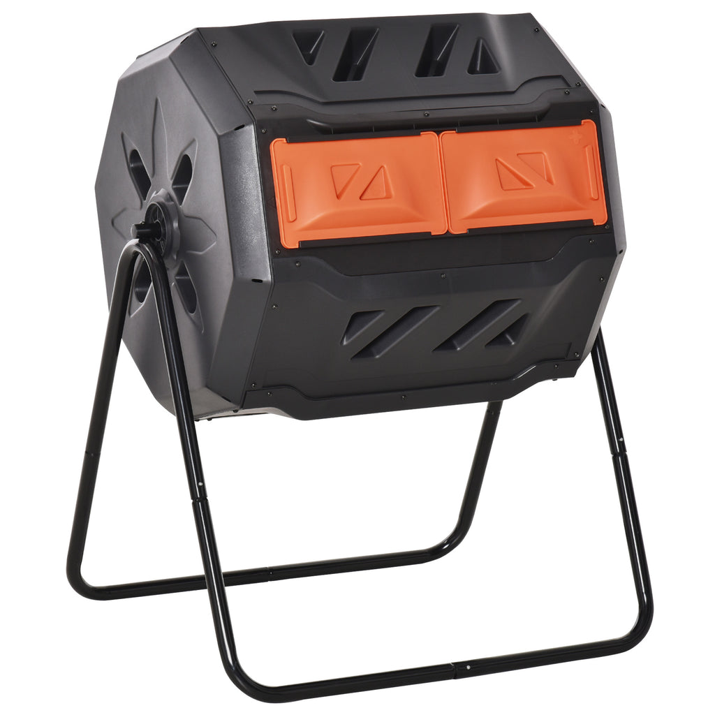 Tumbling Compost Bin Outdoor Dual Chamber 360Â° Rotating Composter 43 Gallon with Sliding Doors, Orange