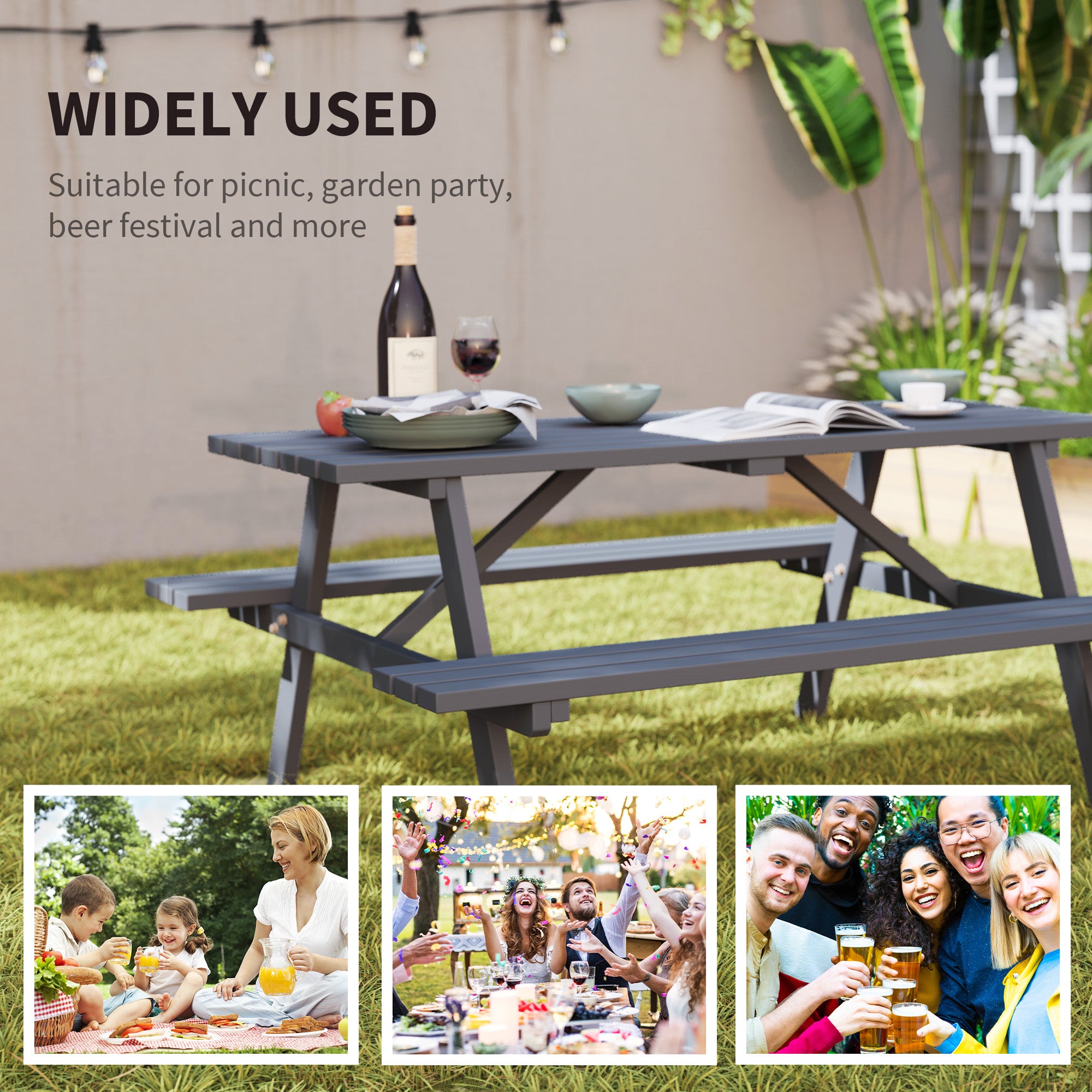 Wood Picnic Table, Camping Table and Bench Set with Umbrella Hole for Outdoor, Garden, Patio, Backyard, Grey