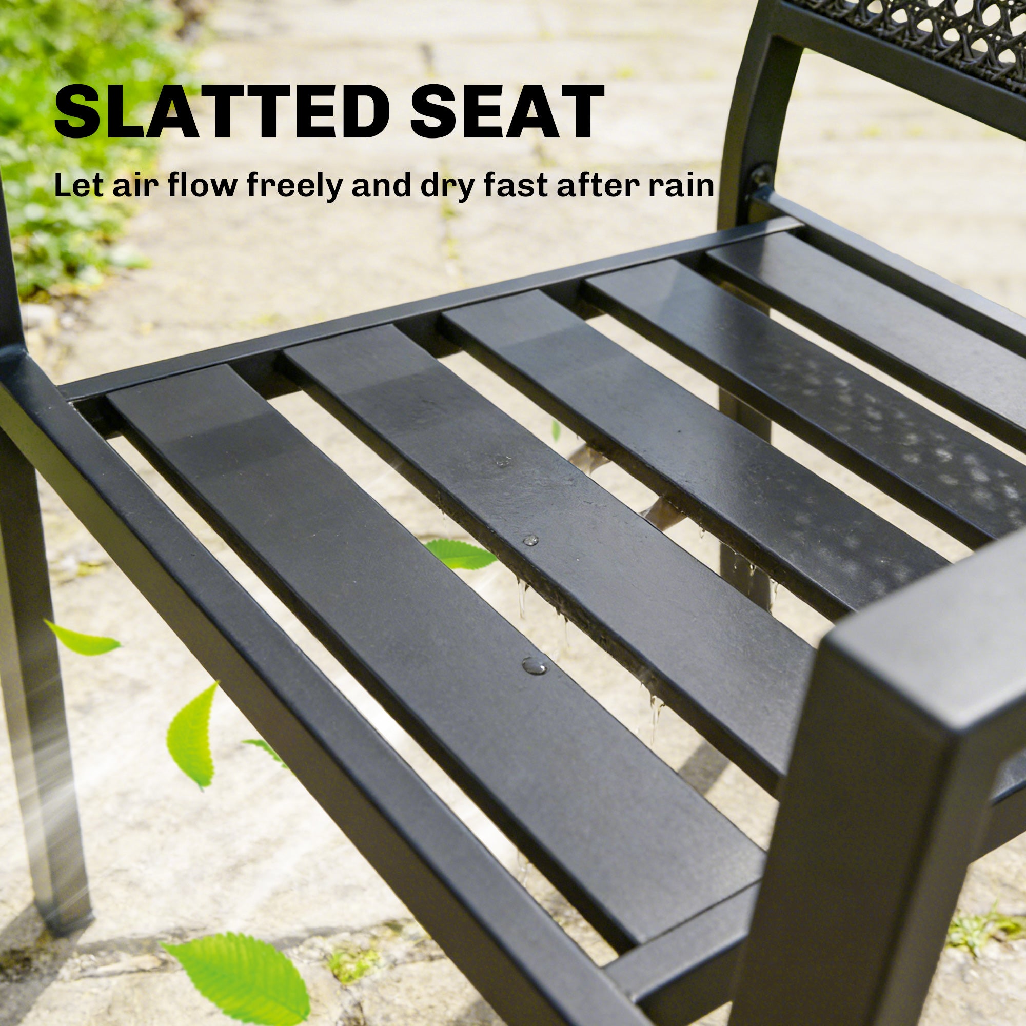 Stackable Patio Chairs Set of 2, Outdoor Dining Chairs with Faux Wicker Steel Mesh Back, Slatted Seat, Armrests, Black