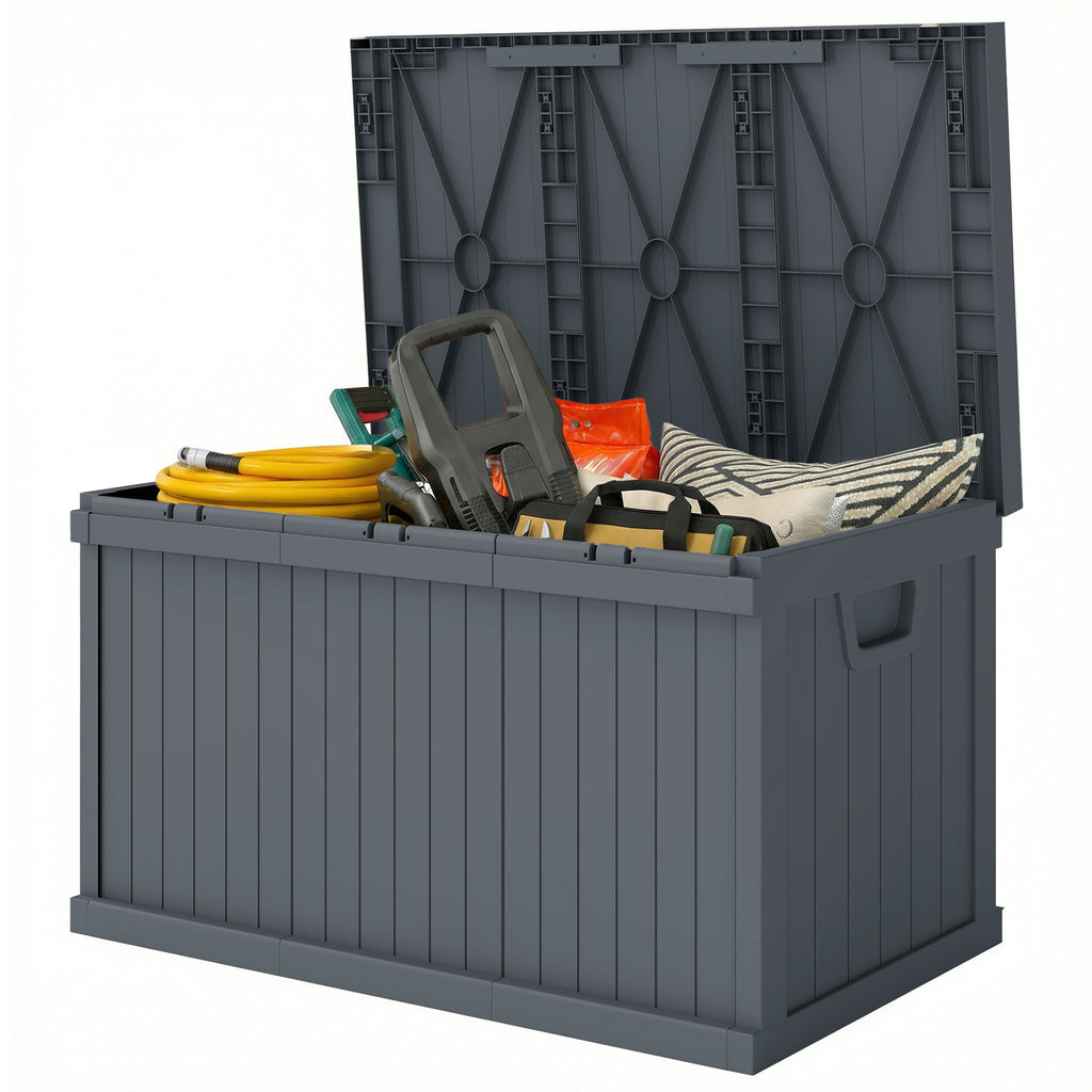 70 Gallon Deck Box, Resin Outdoor Storage Box with Handles, Waterproof Storage Container for Garden Tools, Dark Grey
