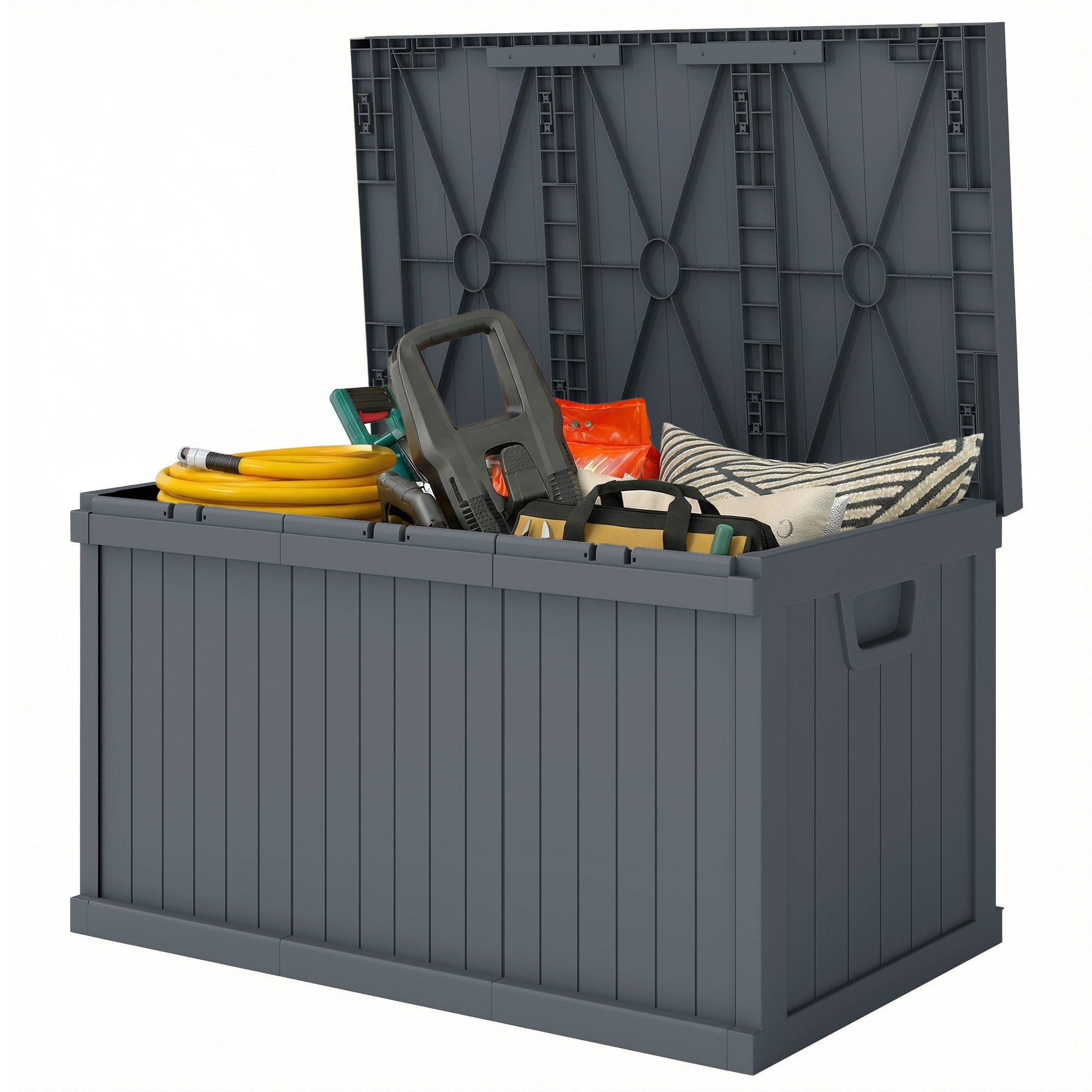 70 Gallon Deck Box, Resin Outdoor Storage Box with Handles, Waterproof Storage Container for Garden Tools, Dark Grey