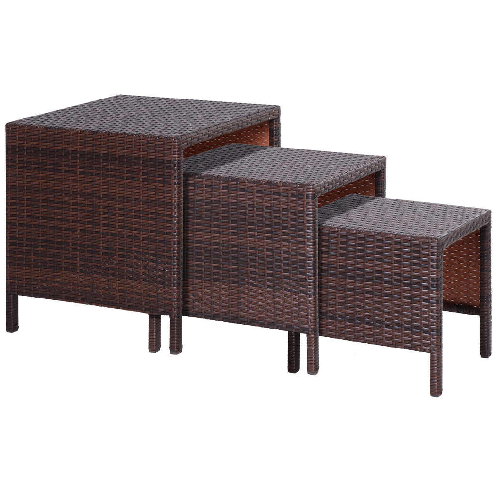 Set of 3 Wicker Nesting Tables Patio Rattan Snack End Side Tables Hand Woven All Weather Garden Outdoor Home Furniture Brown