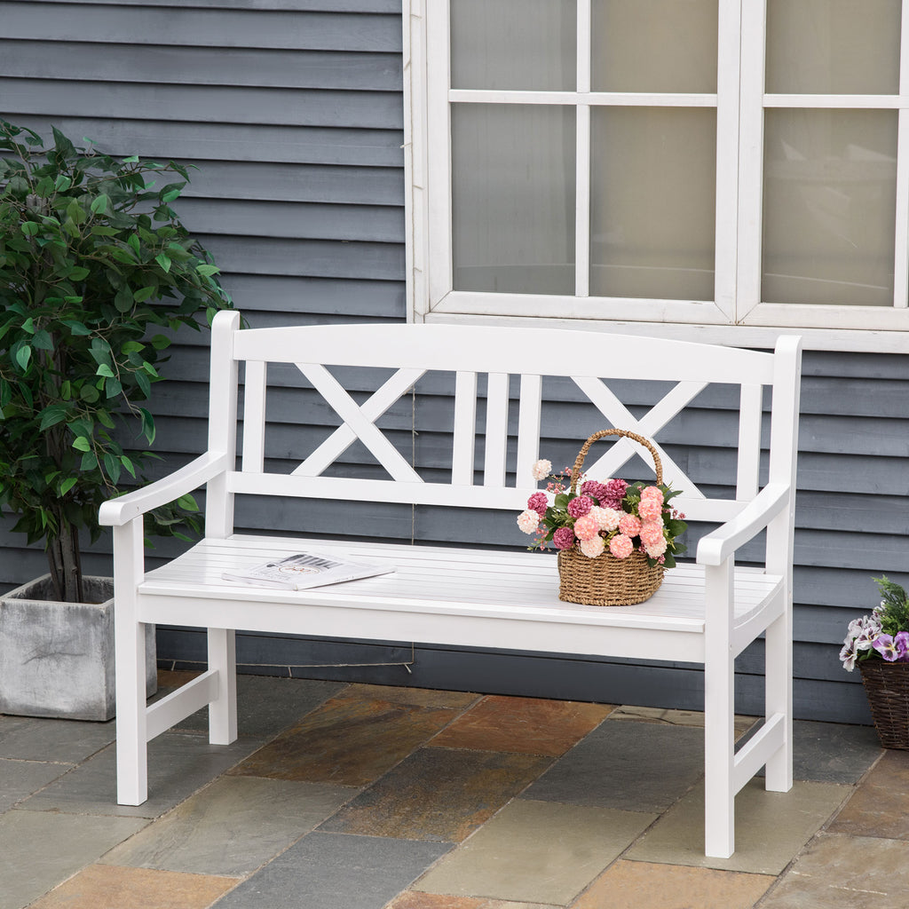 2-Seater Wooden Garden Bench, 4FT Outdoor Patio Loveseat with Unique X-Shape Back for Yard, Lawn, Porch, White