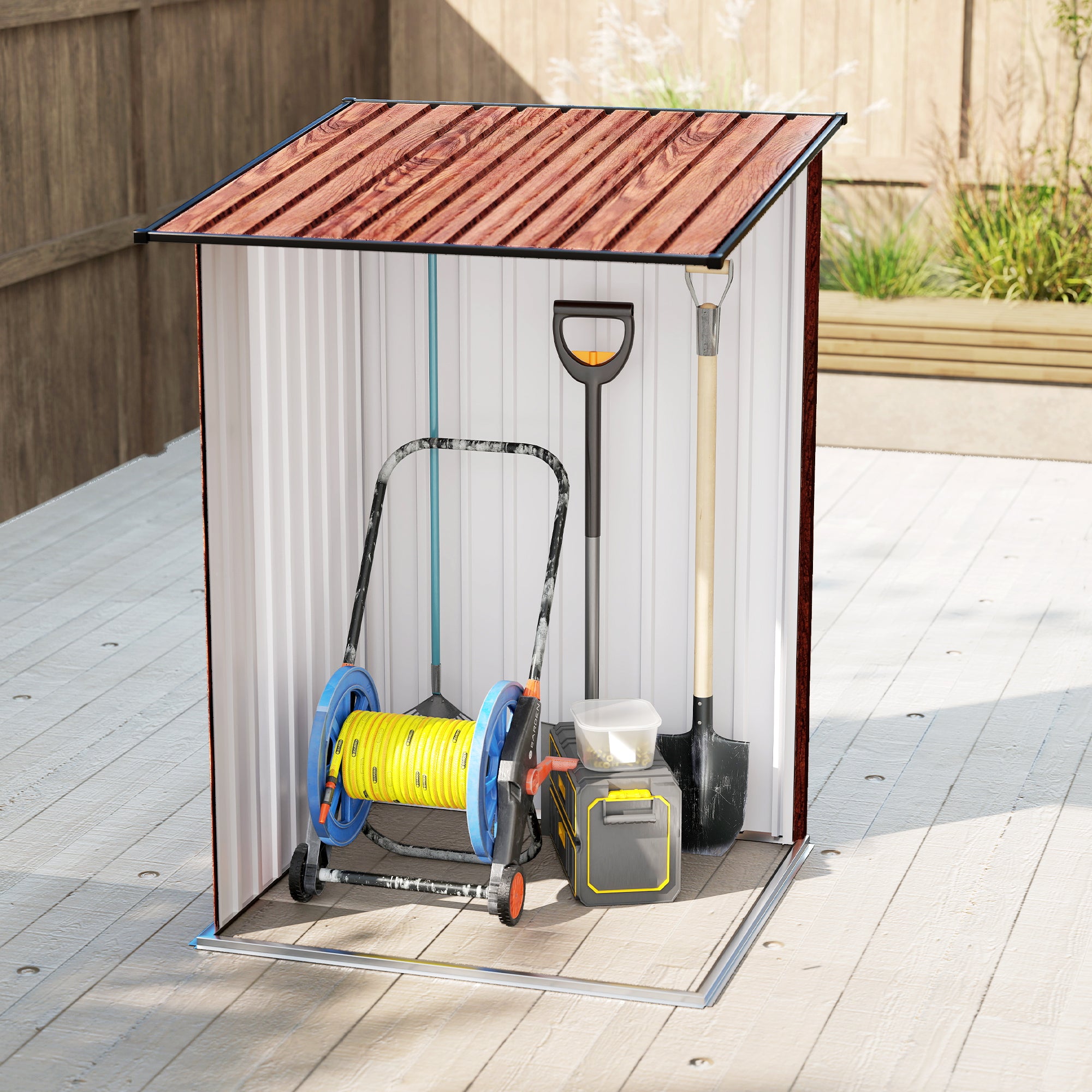3.3' x 3.4' Lean-to Garden Storage Shed, Outdoor Galvanized Steel Tool House with Lockable Door for Patio, Teak