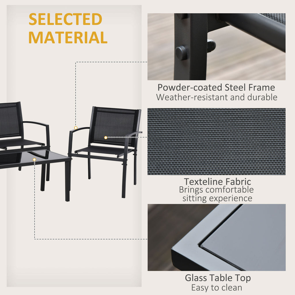 4-Piece Patio Furniture Set with Glass Top Coffee Table, Breathable Mesh Seat & Backrest for Garden, Balcony, Black