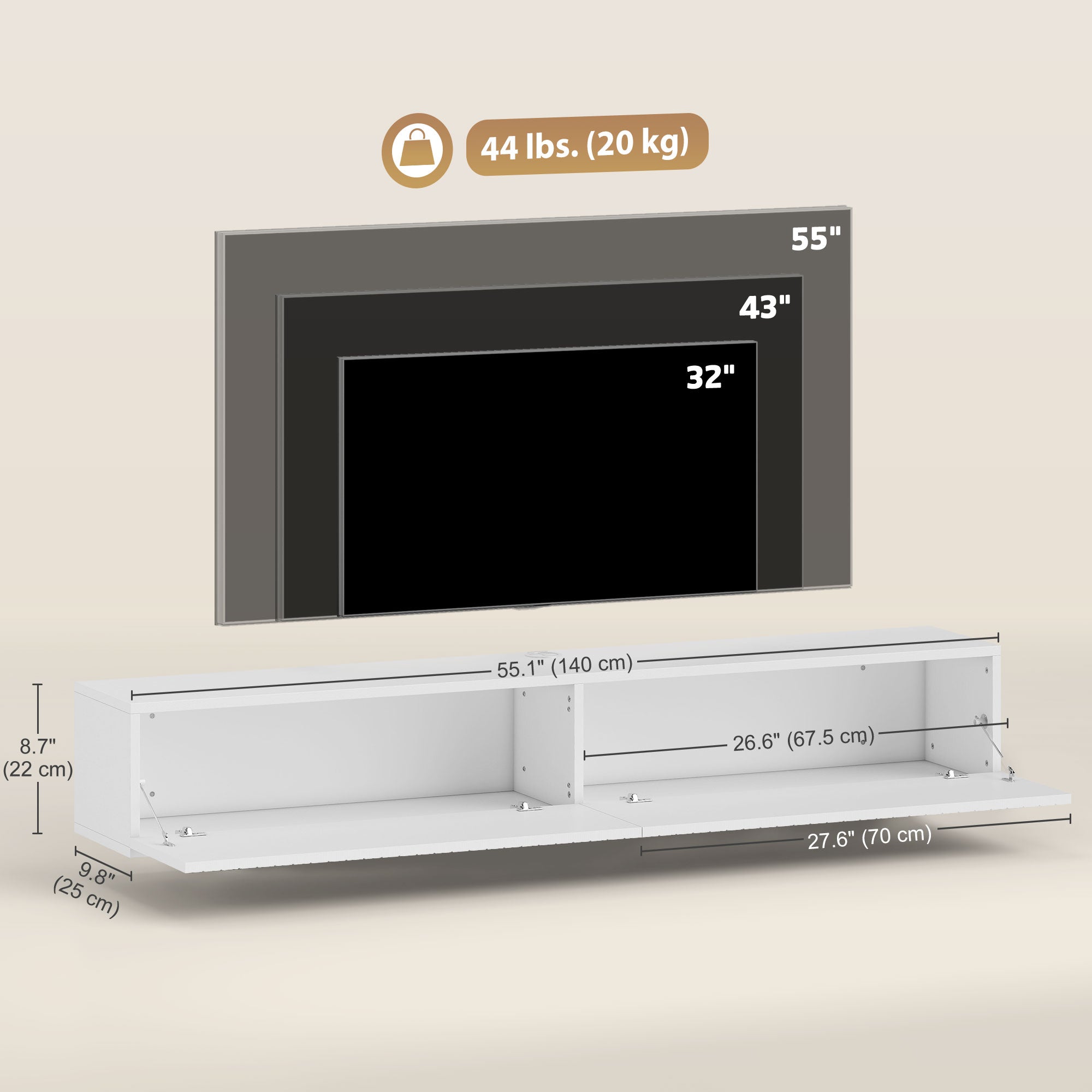 55" Floating TV Stand for TVs up to 72 Inch, Wall Mount Media Console with 2 Fluted Flip-Down Doors, Cable Hole, White