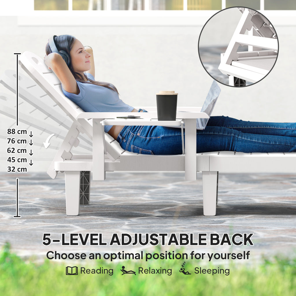 Set of 2 Tanning Chair, 5 Positions Adjustable Outdoor Lounge Chairs with Foldable Side Table, White