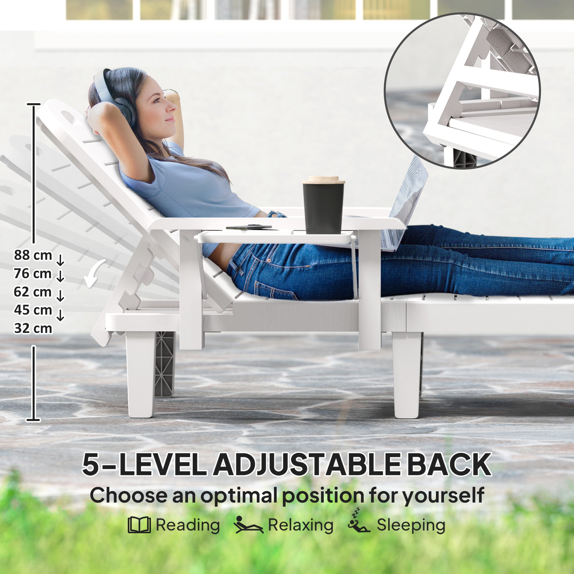 Set of 2 Tanning Chair, 5 Positions Adjustable Outdoor Lounge Chairs with Foldable Side Table, White
