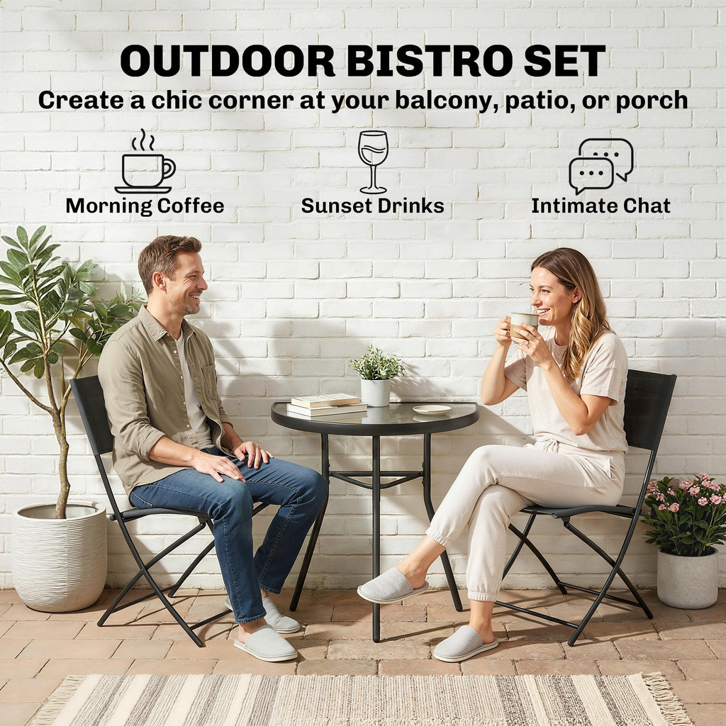Outdoor Bistro Set, 3 Piece Patio Furniture Set with Folding Chairs, Semi-Circle Glass Top Table, Black