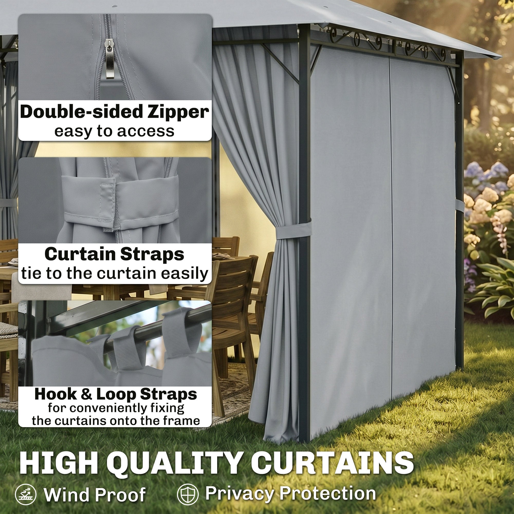 13'L x 10'W x 8.7'H Patio Gazebo Outdoor 2-Tiers Garden Canopy Yard Sunshade Shelter with Curtains, Grey