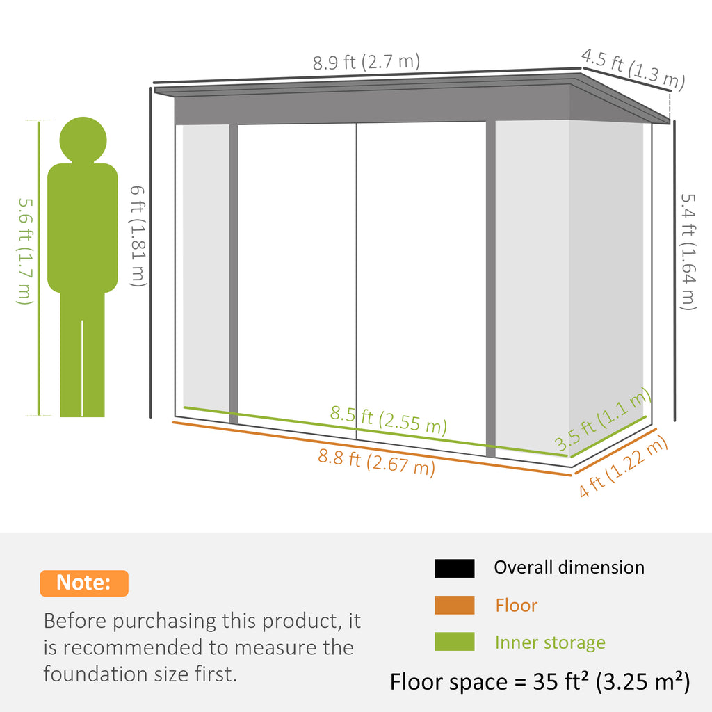 9' x 4' Galvanized Steel Garden Storage Shed with Lockable Doors, Gloves and 2 Air Vents for Backyard, Patio, Lawn