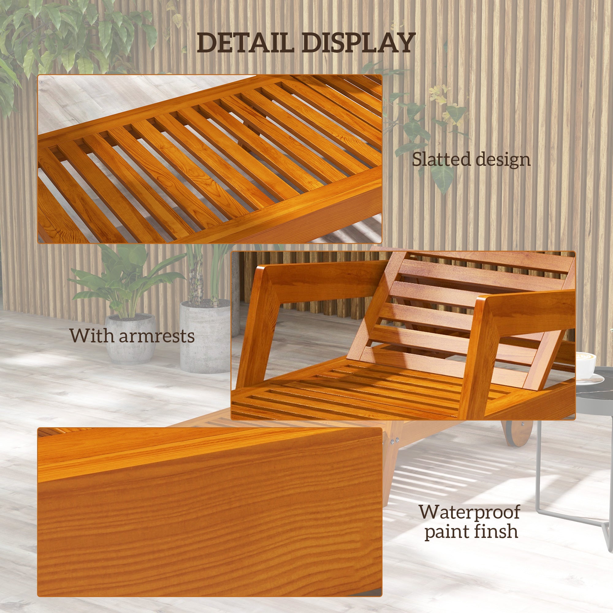 Wood Lounge Chair Outdoor Tanning Chair with Wheels, 3-Position Adjustable Backrest and Armrests, Orange