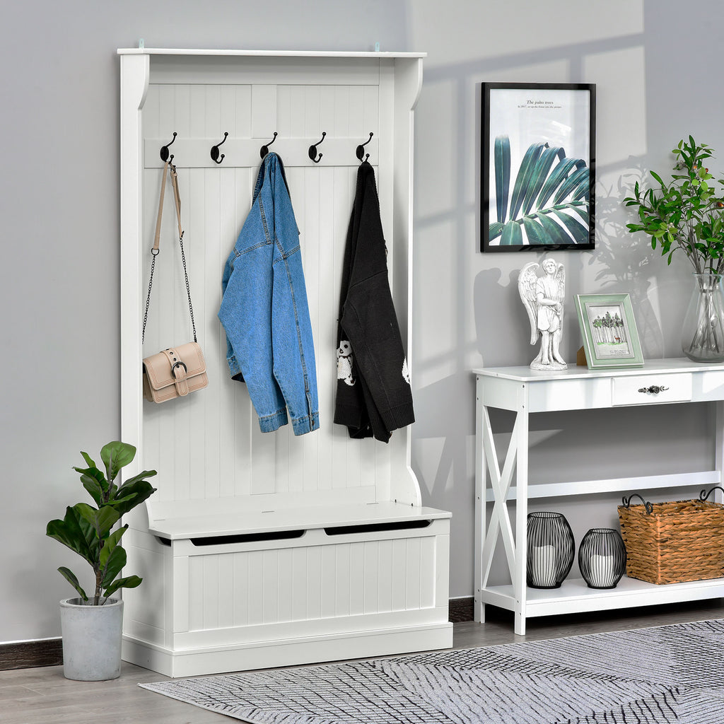 3-In-1 Hall Tree w/ Coat Rack, Shoe Storage and Bench Seat, Entryway Bench w/ 4 Hooks for Hallway, Living Room, White