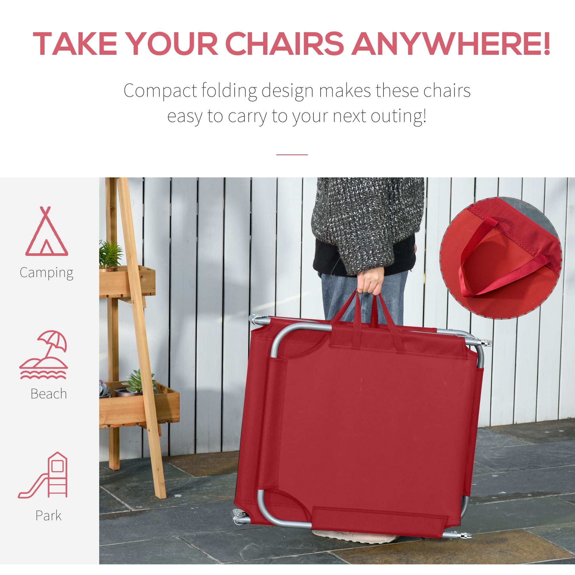 Outdoor Folding Chaise Lounge, Reclining Lounge Chair with Adjustable Backrest and Breathable Mesh Fabric, Wine Red