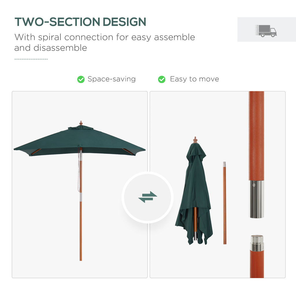 6.6x5ft Square Market Parasol, Wooden Patio Umbrella with Tilt Mechanism and 6 Bamboo Ribs, Garden Sunshade, Green