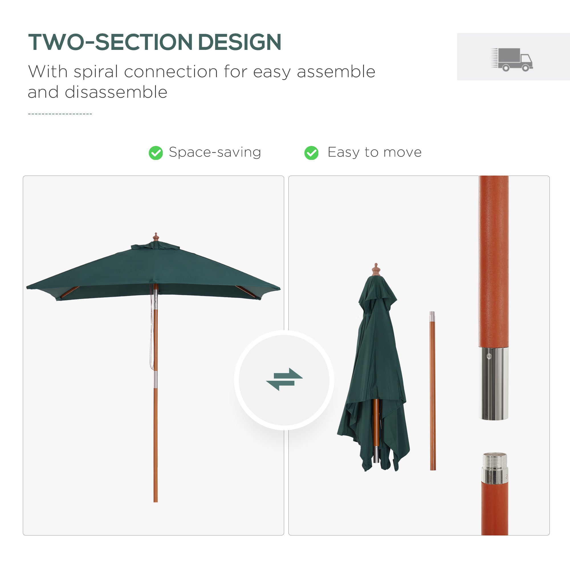6.6x5ft Square Market Parasol, Wooden Patio Umbrella with Tilt Mechanism and 6 Bamboo Ribs, Garden Sunshade, Green