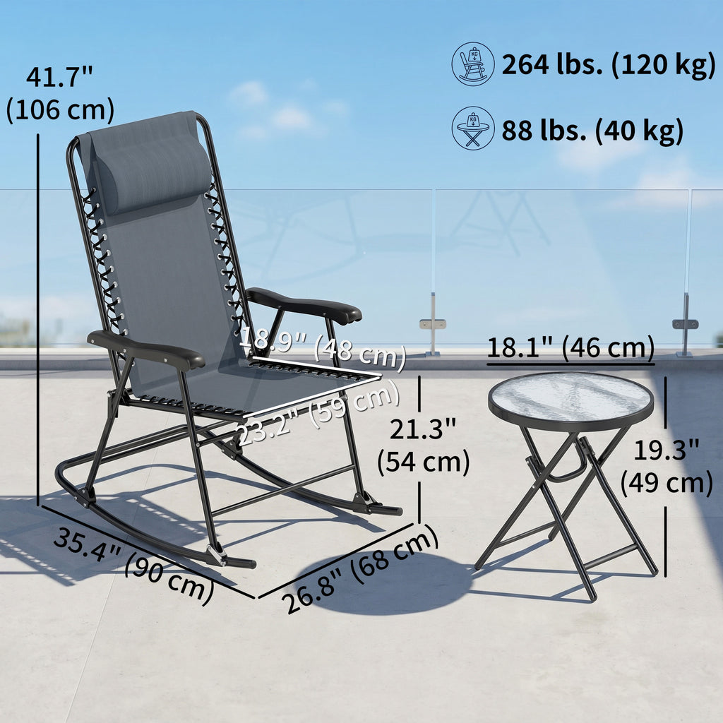3pc Patio Rocking Chair Set, Folding Outdoor Rocking Chairs and Table Bistro Set w/ Breathable Mesh Seat & Backrest, Headrest for Park, Backyard, Garden, Grey