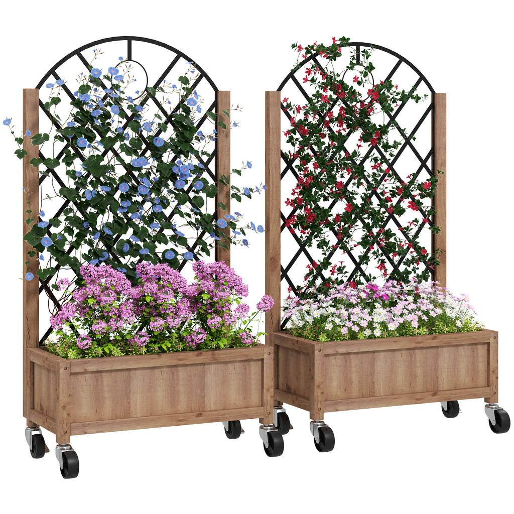Raised Garden Bed with Metal Trellis, Elevated Planter Box with Wheels and Drainage Holes, 20.5" x 9.8" x 38.2", Brown